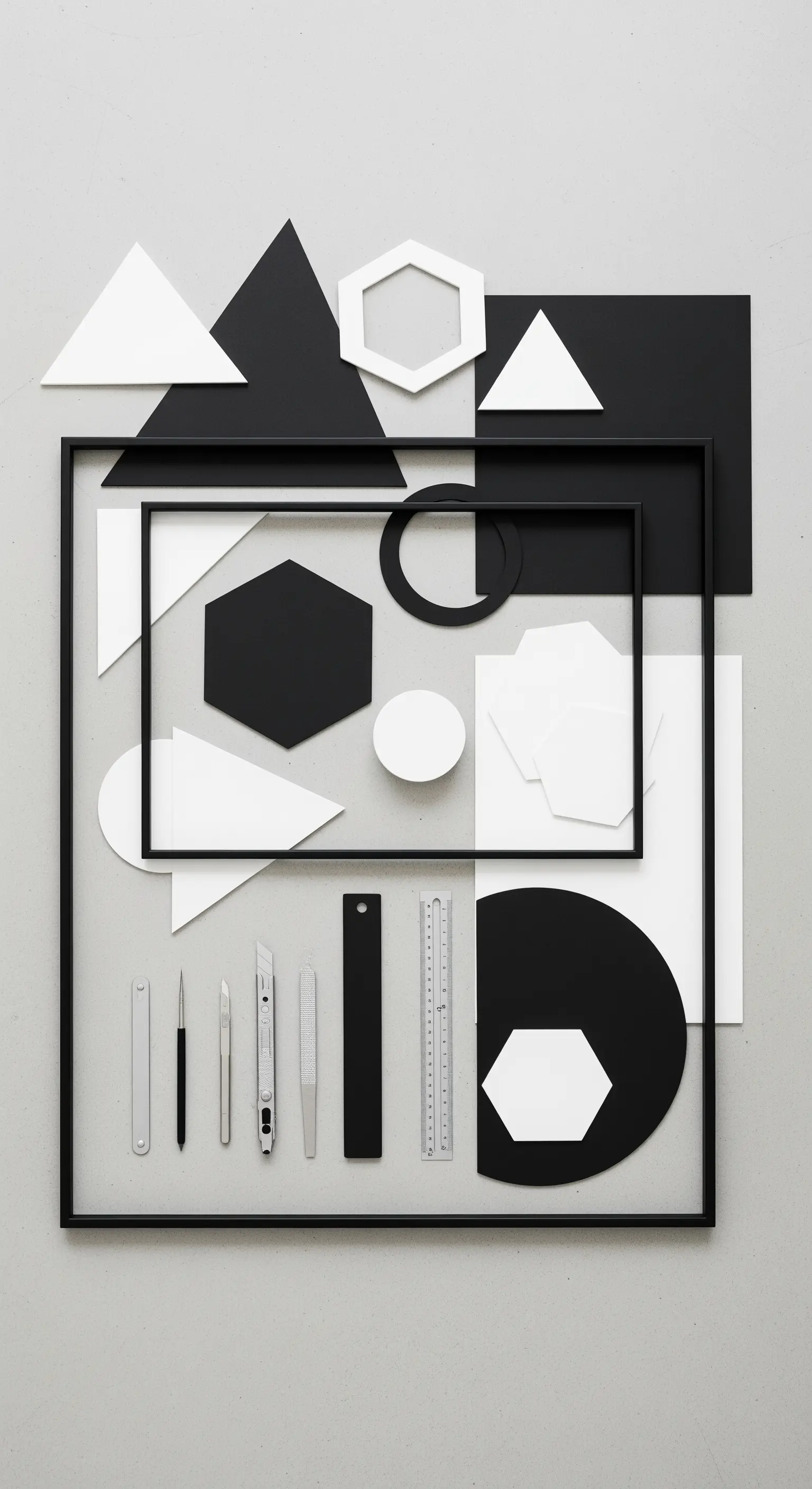 Forme geometriche in bianco e nero, cornici e taglierini per creare props minimalisti.