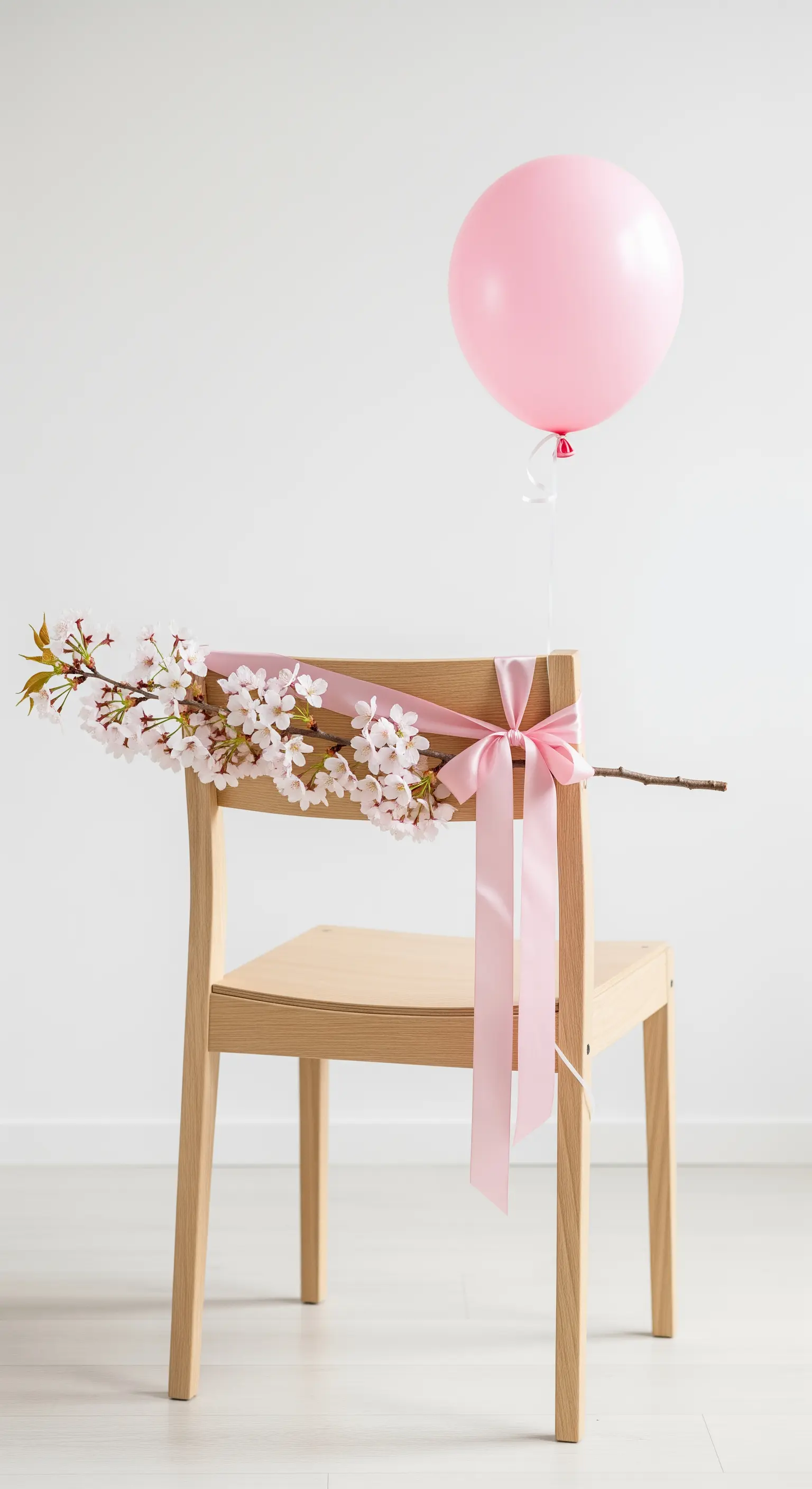 Sedia in legno chiaro con un ramo di fiori di ciliegio legato con un nastro rosa.