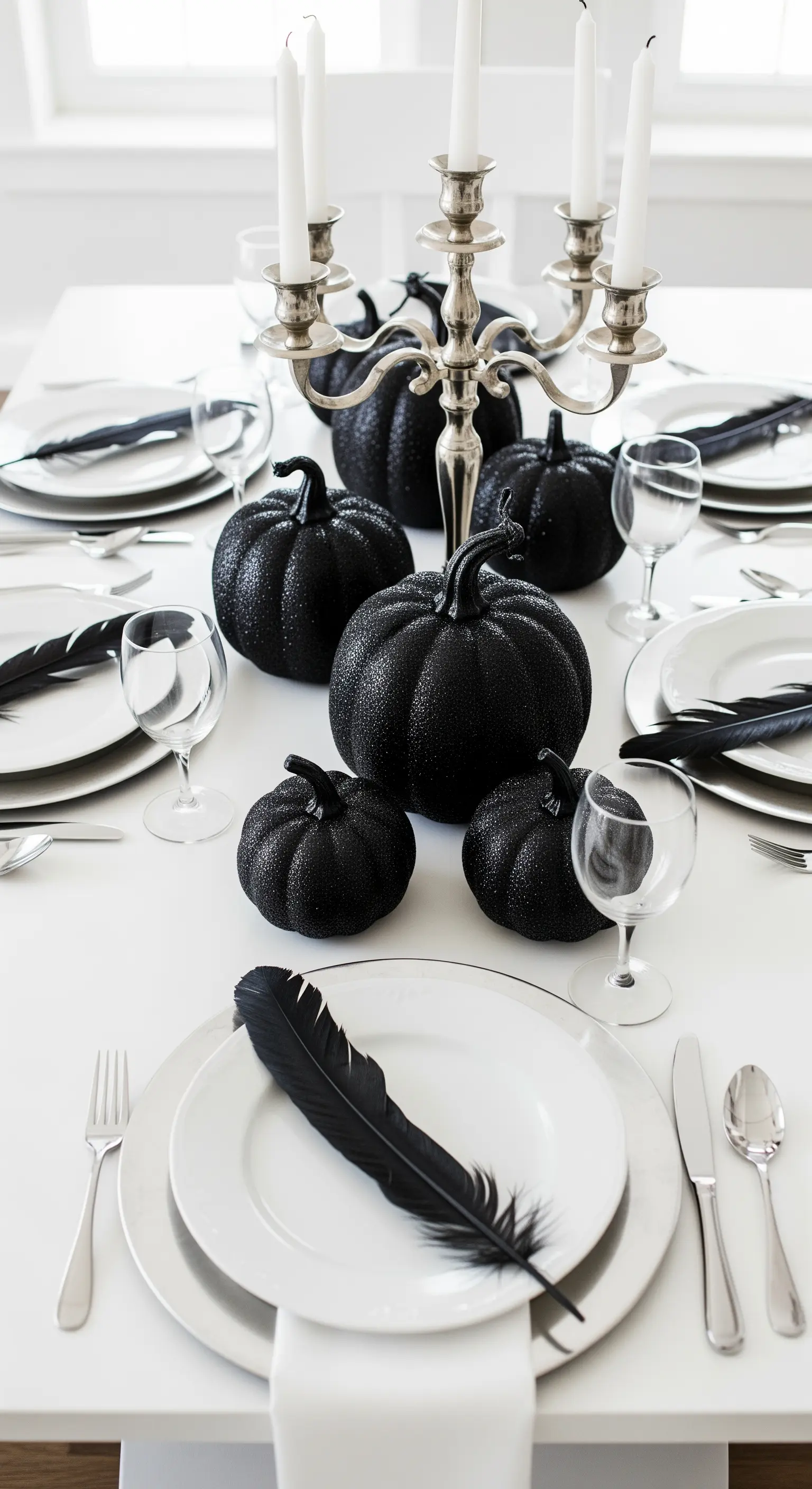 Tavola di Halloween in bianco e nero con zucche e piume.
