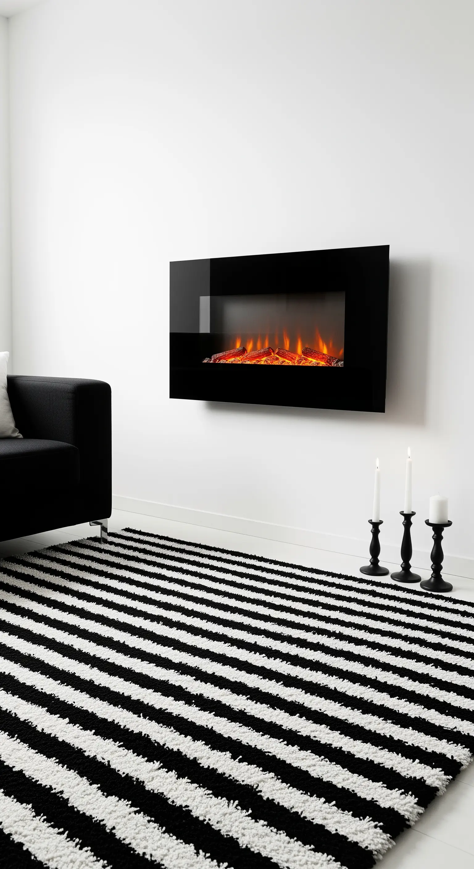 Soggiorno minimalista con camino nero a parete e tappeto a righe bianche e nere.