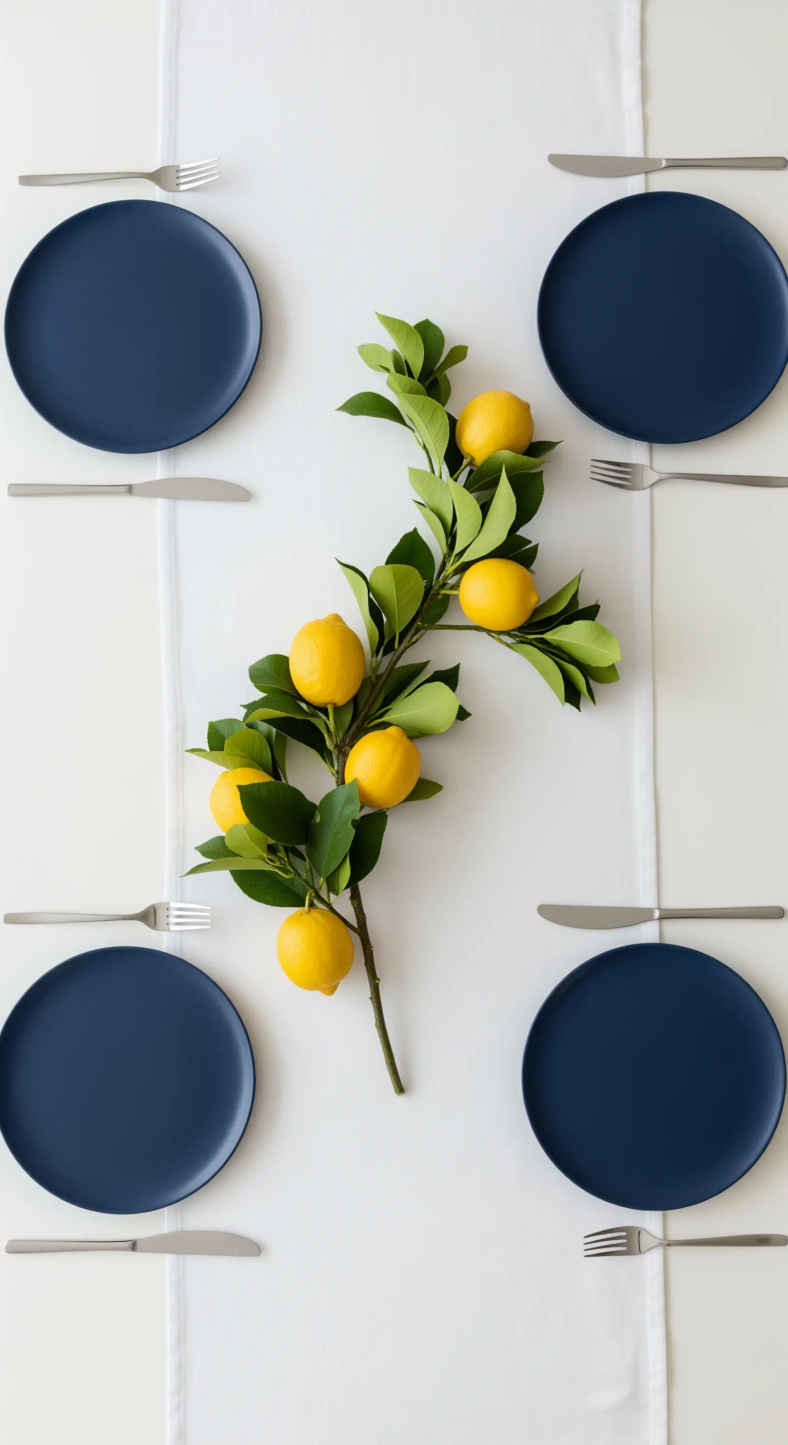 Tavola minimalista con piatti blu opachi e un singolo ramo di limoni come centrotavola.