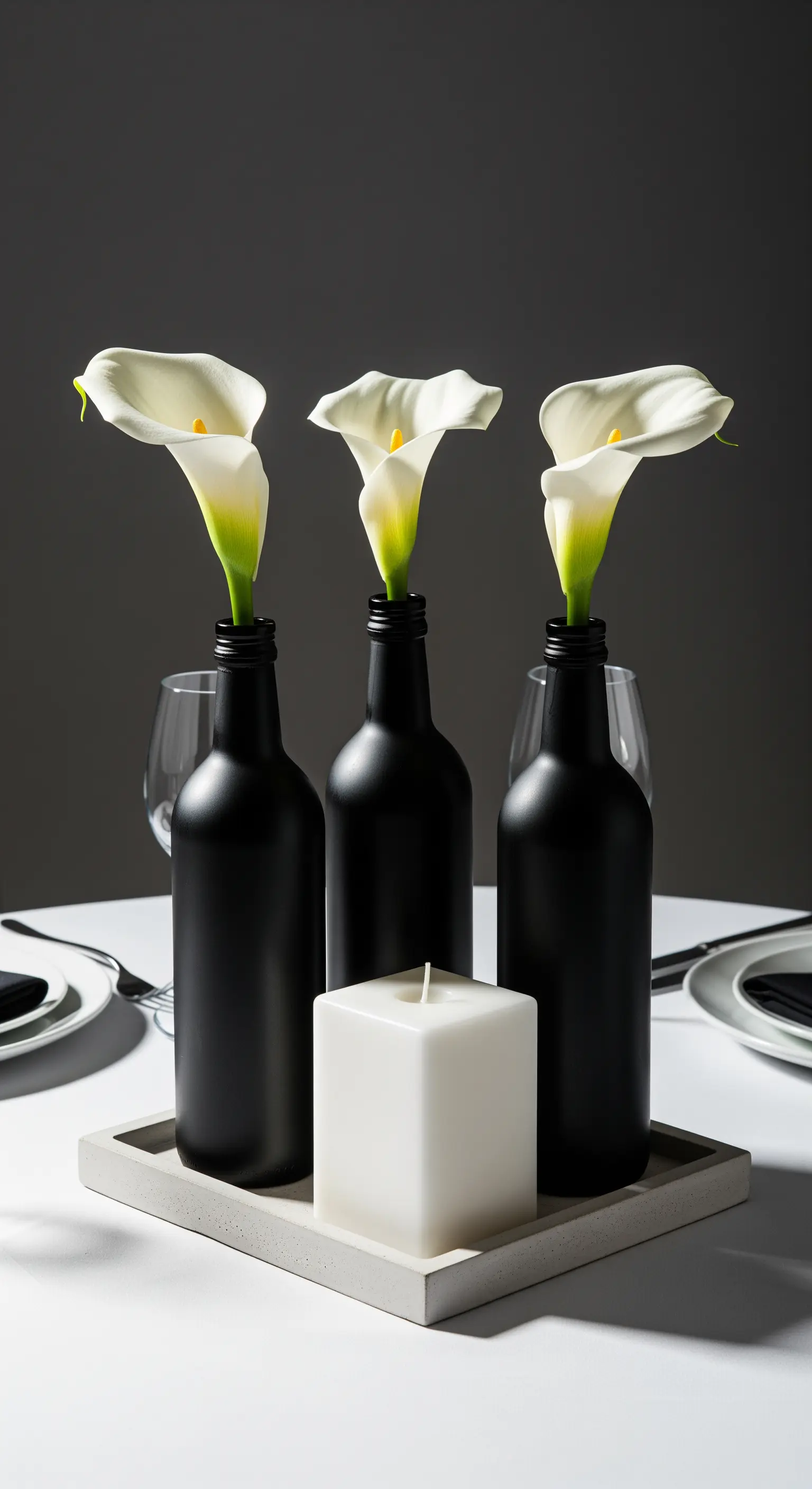 Tre bottiglie nere opache con calle bianche e una candela cubica su un vassoio di cemento.