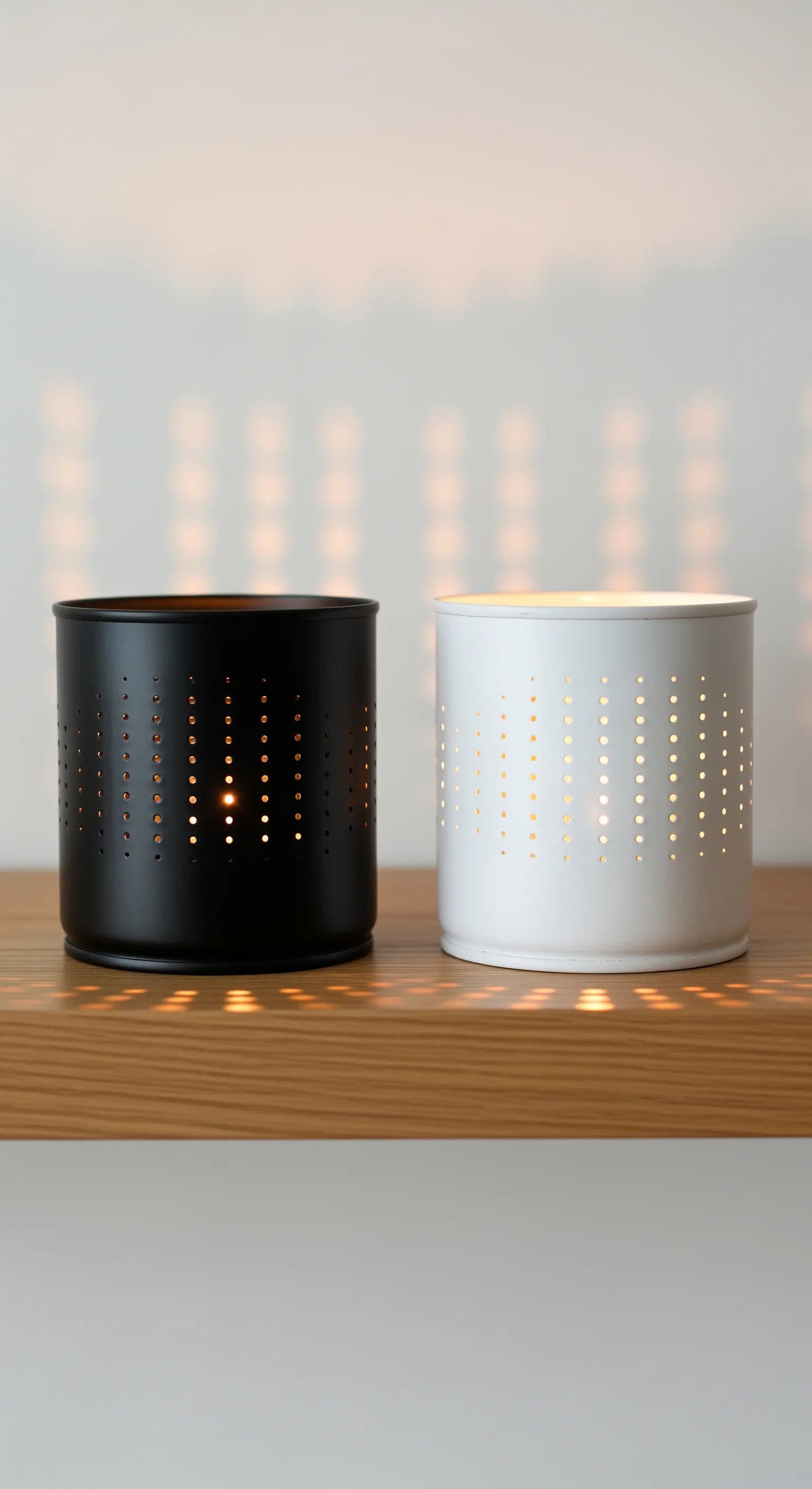 Due portacandele, uno bianco e uno nero, con semplici file verticali di fori.