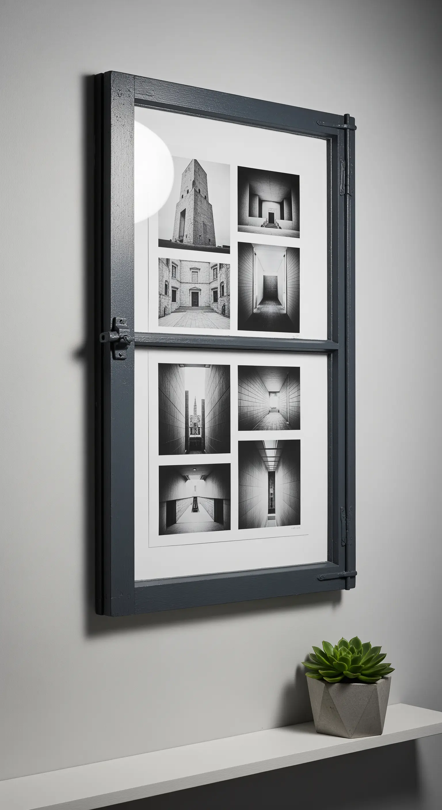 Finestra grigio scuro appesa a una parete chiara, che incornicia un collage di foto di architettura.
