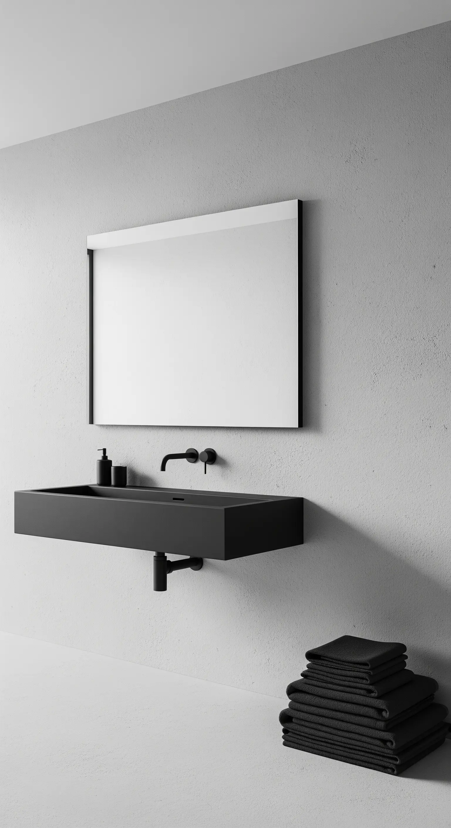 Lavabo sospeso nero opaco con rubinetteria a parete su sfondo bianco materico.