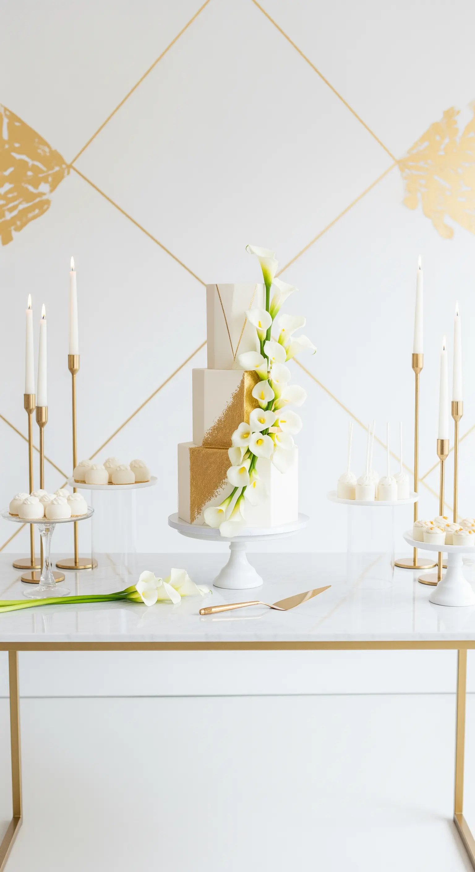 Sweet table minimalista con torta bianca geometrica, calle e dettagli dorati.