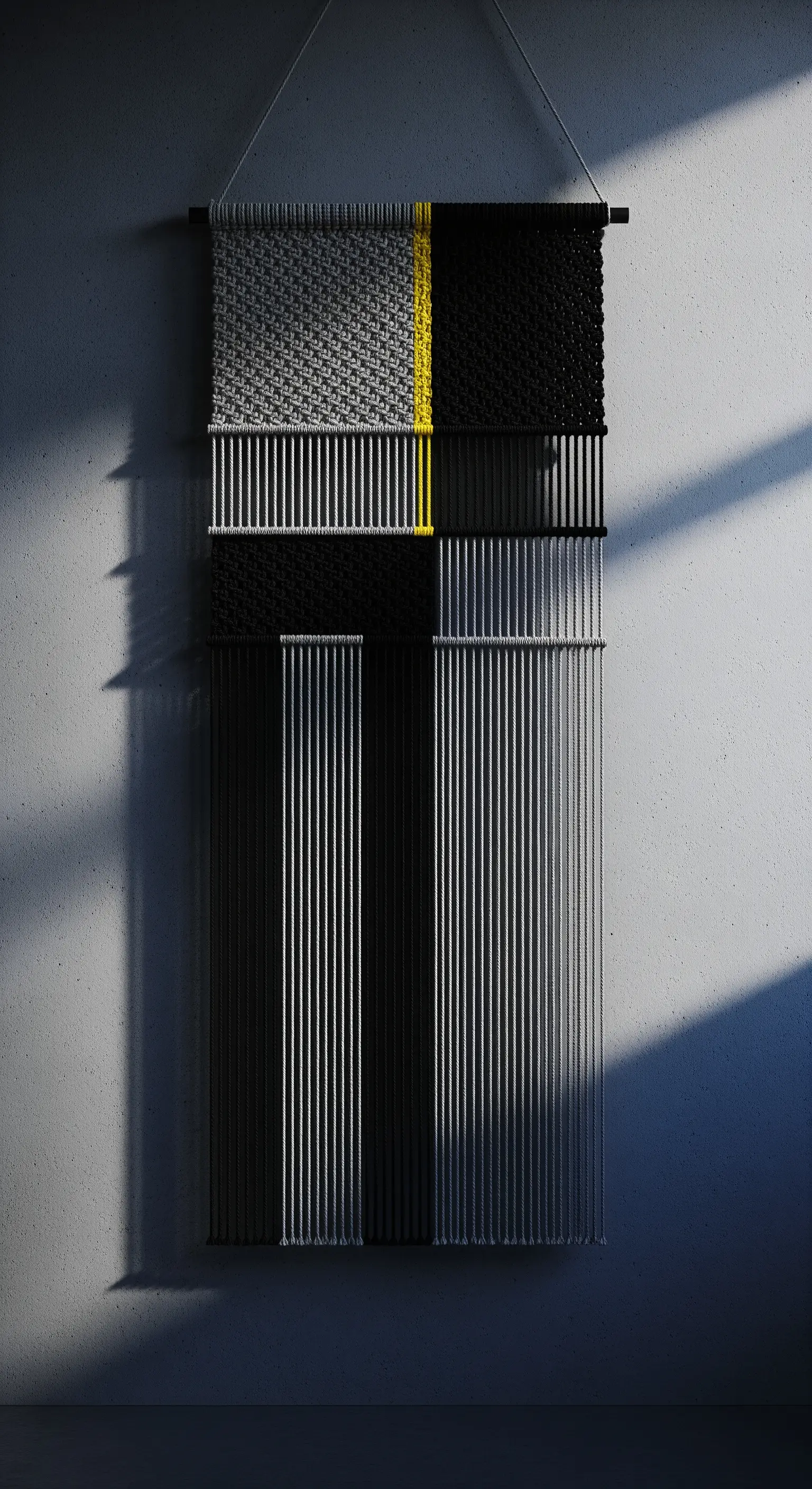 Arazzo in macramè moderno e geometrico in nero e grigio, con una singola linea gialla a contrasto.