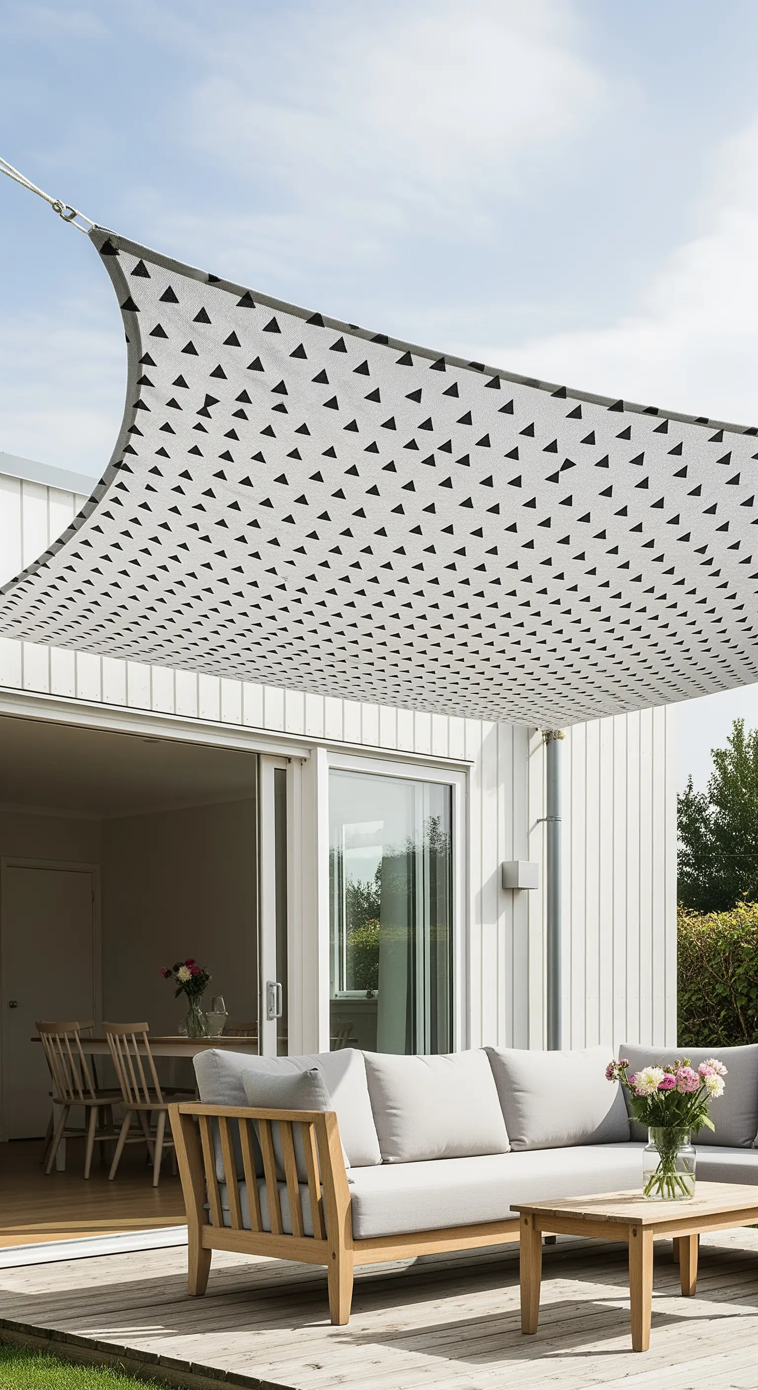 Tenda a vela bianca con stampa di triangoli neri su un patio con arredi moderni.