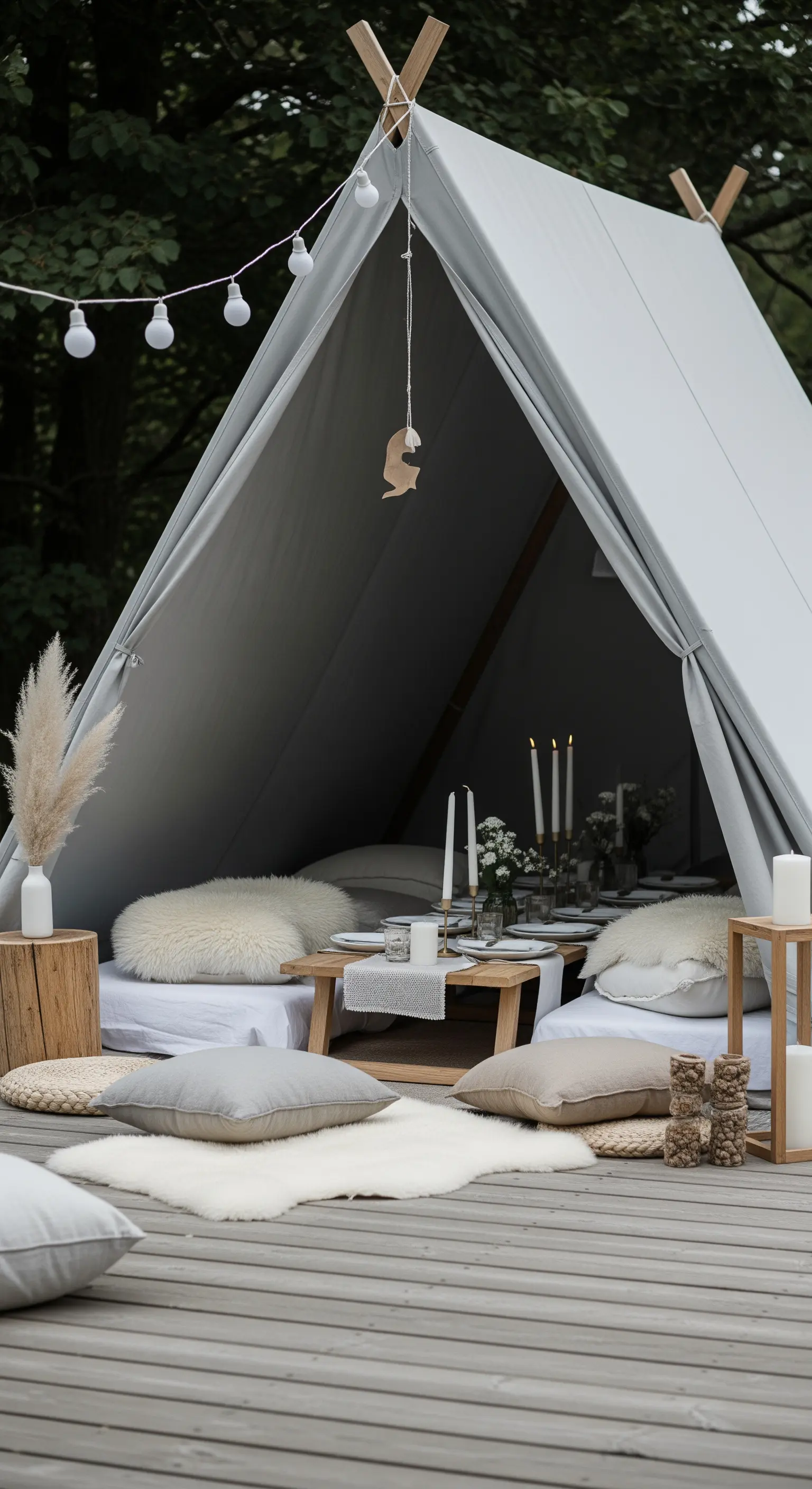 Teepee grigio su una pedana di legno, con pellicce sintetiche bianche e candele.