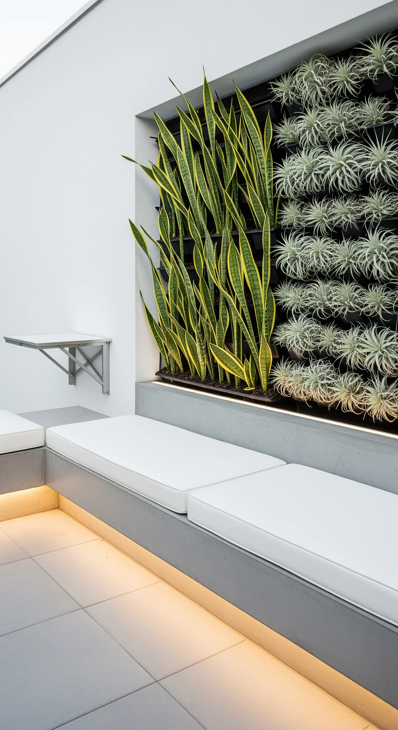 Patio minimalista con sedute in cemento illuminate da LED, parete verde e tavolino a ribalta