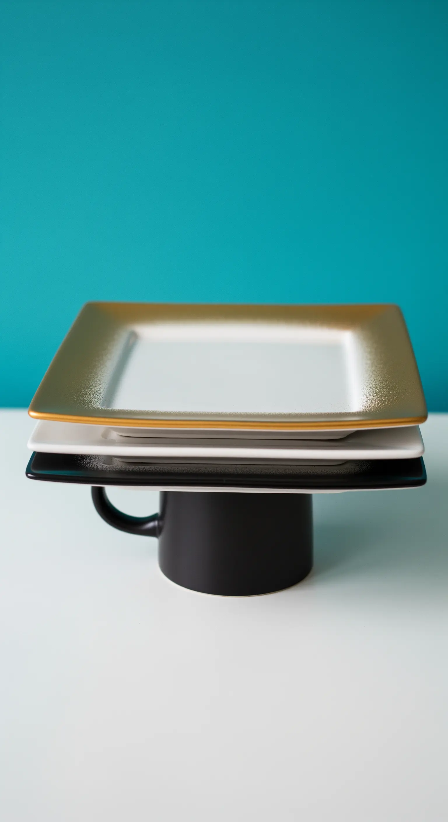 Alzata minimalista creata con una tazza nera capovolta e un piattino quadrato bianco e oro