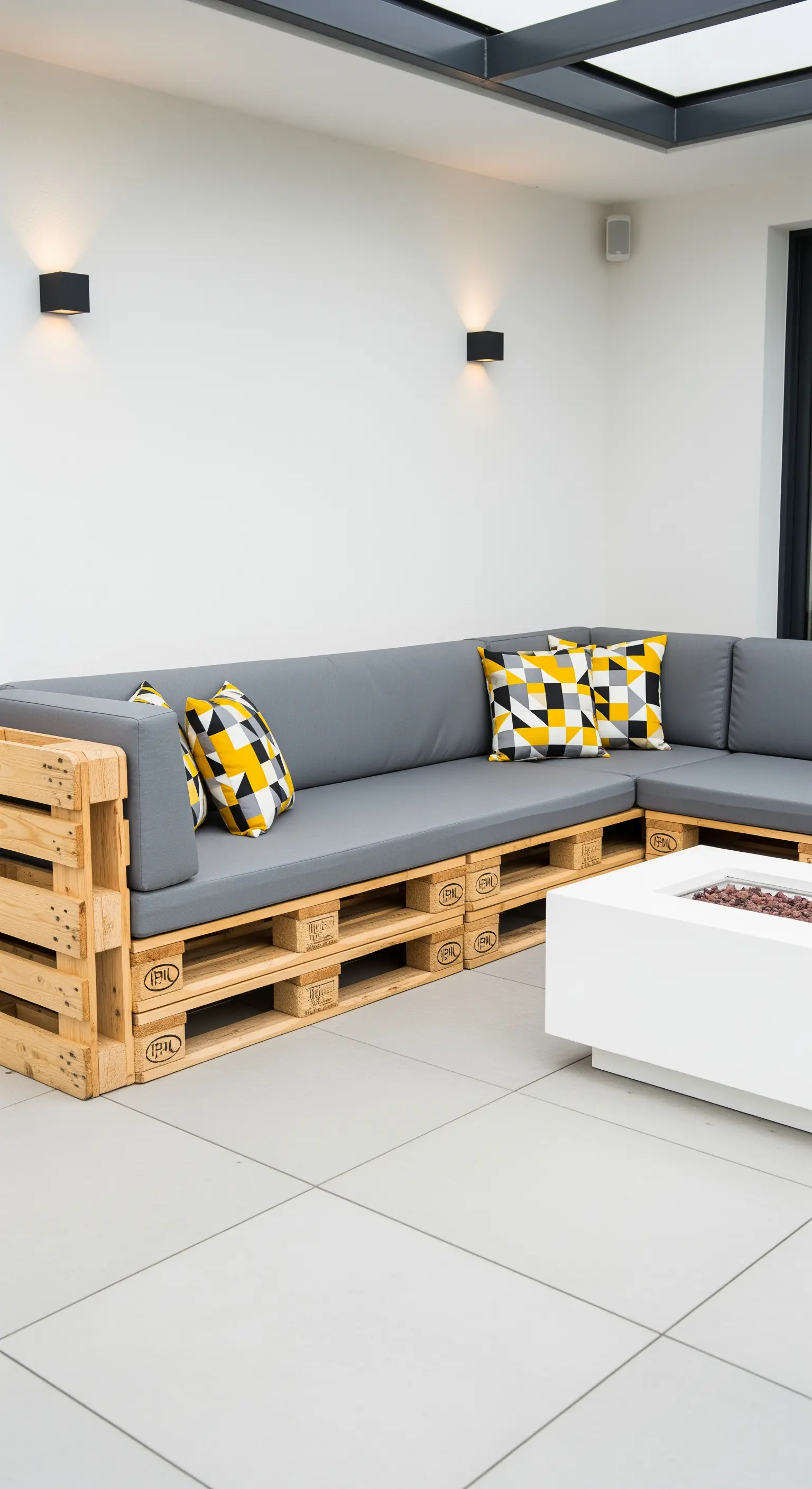 Divano angolare in pallet di legno naturale con cuscini grigi e cuscini decorativi geometrici