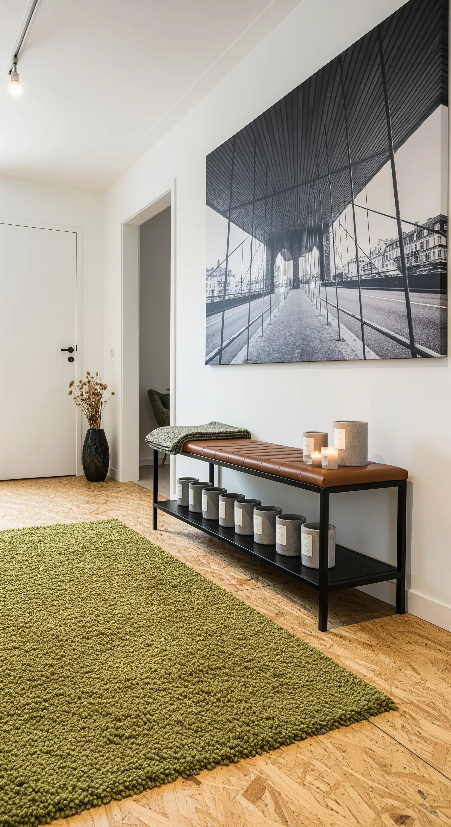 Ingresso moderno con panca in pelle, grande fotografia in bianco e nero e tappeto verde.