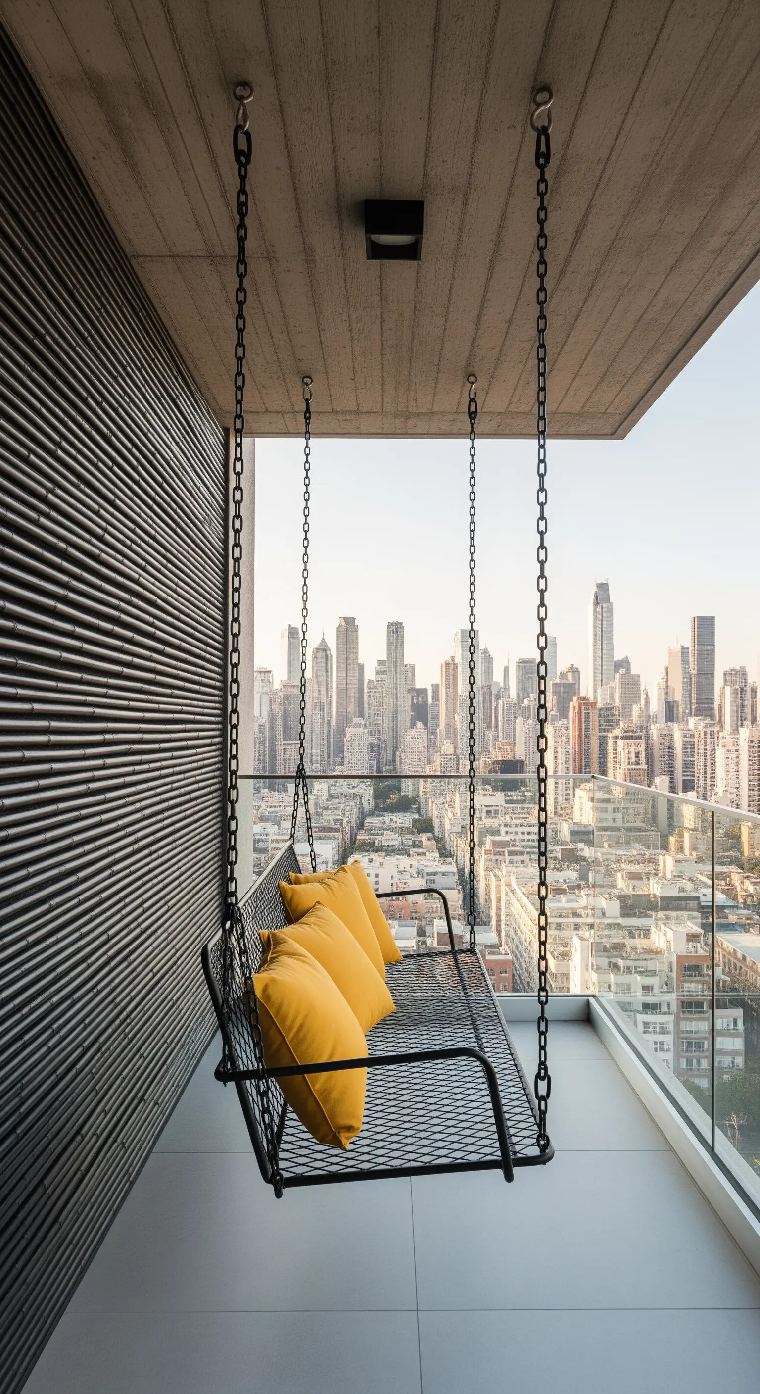 Altalena sospesa in metallo nero con cuscini gialli su un balcone minimalista.