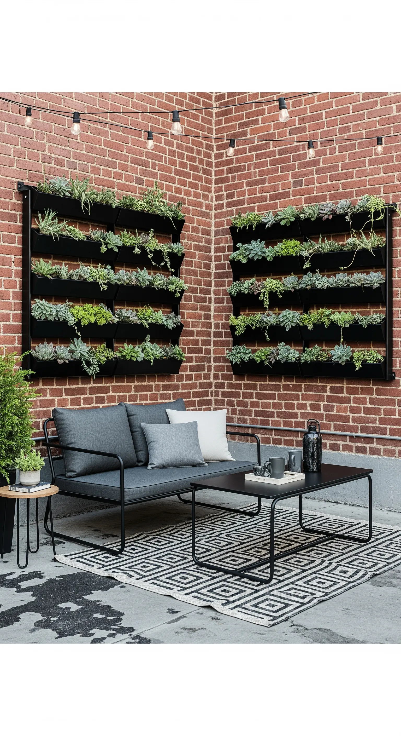 Patio con parete in mattoni, due giardini verticali con piante grasse e arredi neri minimalisti