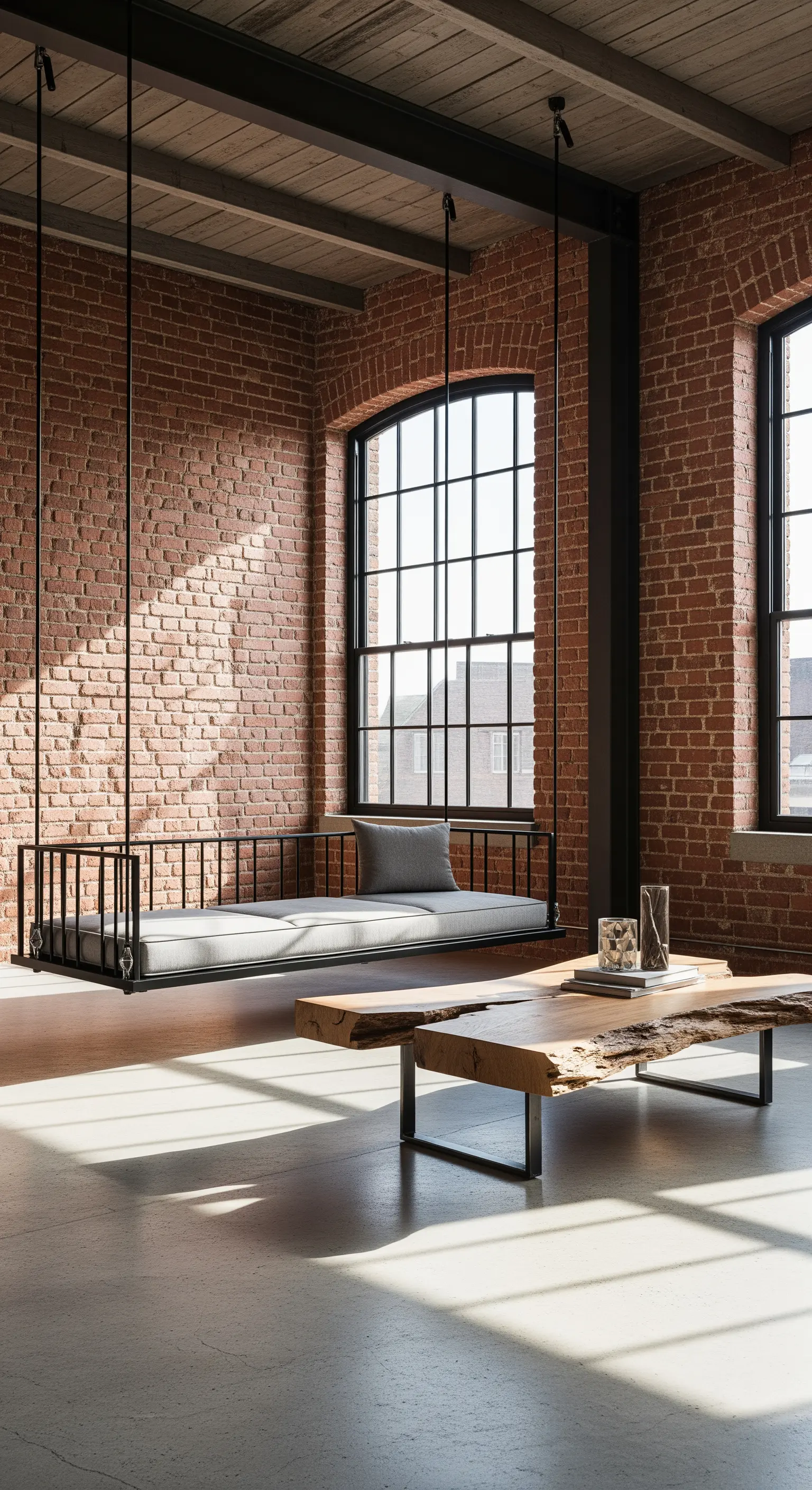 Divano sospeso in metallo nero in un loft con pareti di mattoni e tavolino in legno grezzo.