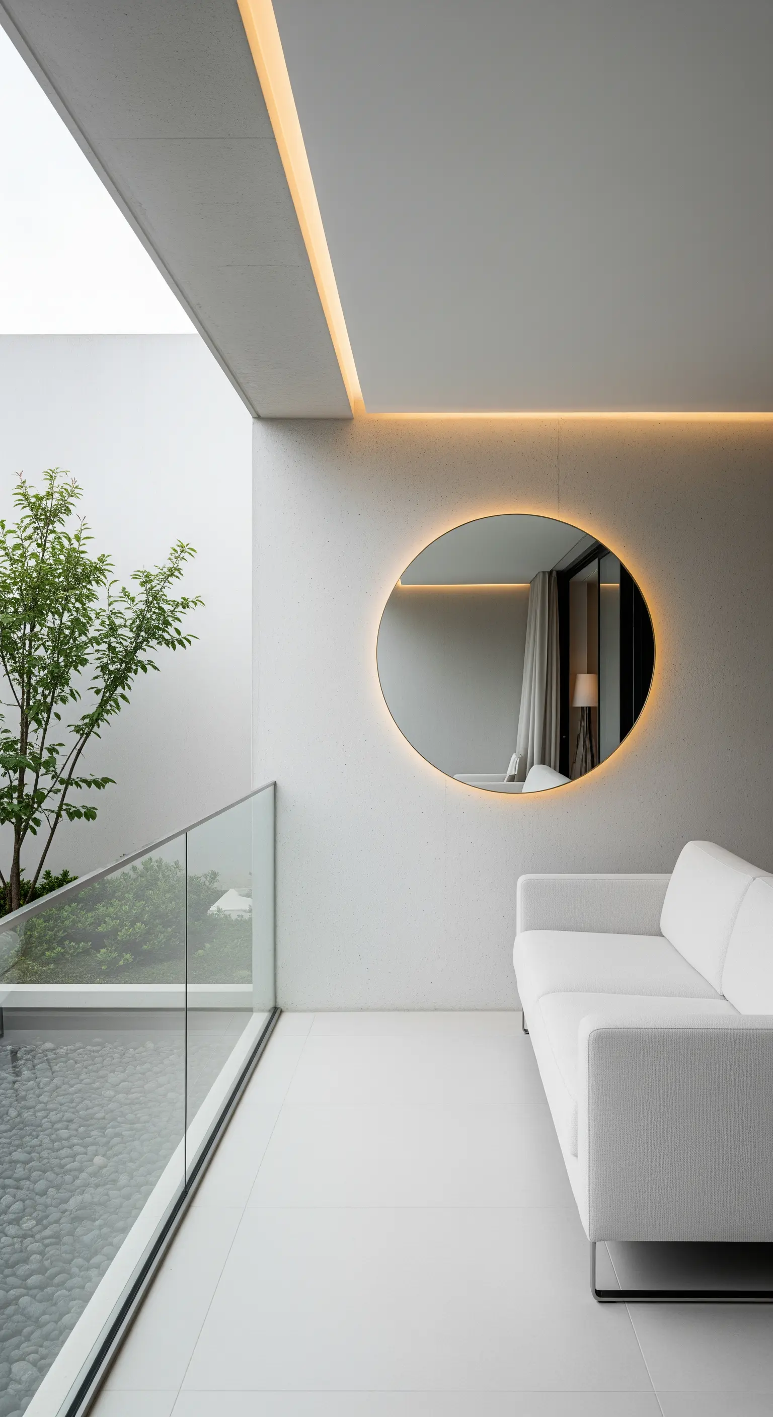 Veranda minimalista con pareti in cemento, divano bianco e specchio rotondo retroilluminato