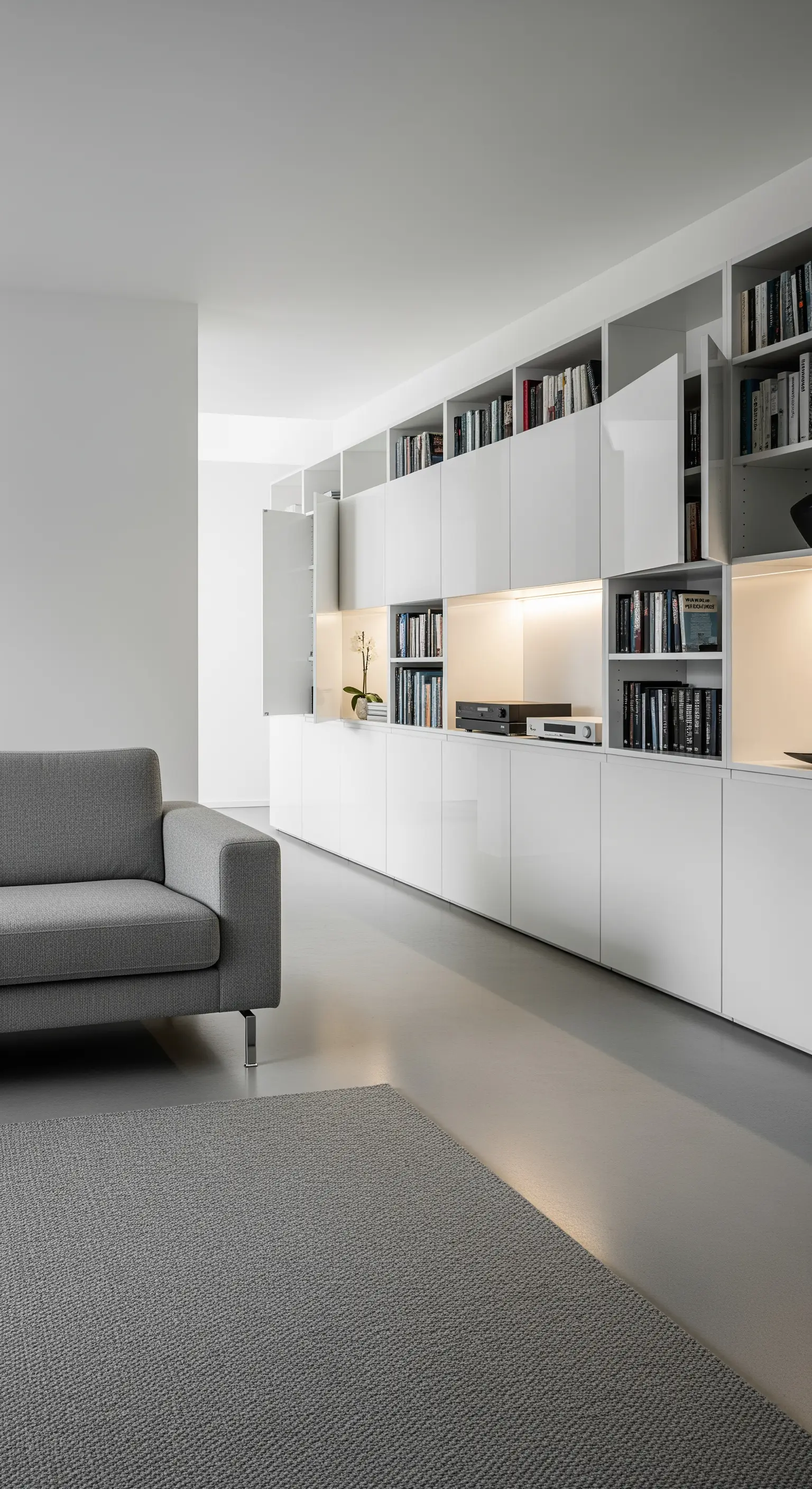 Libreria bianca laccata con illuminazione integrata in un salotto minimalista.