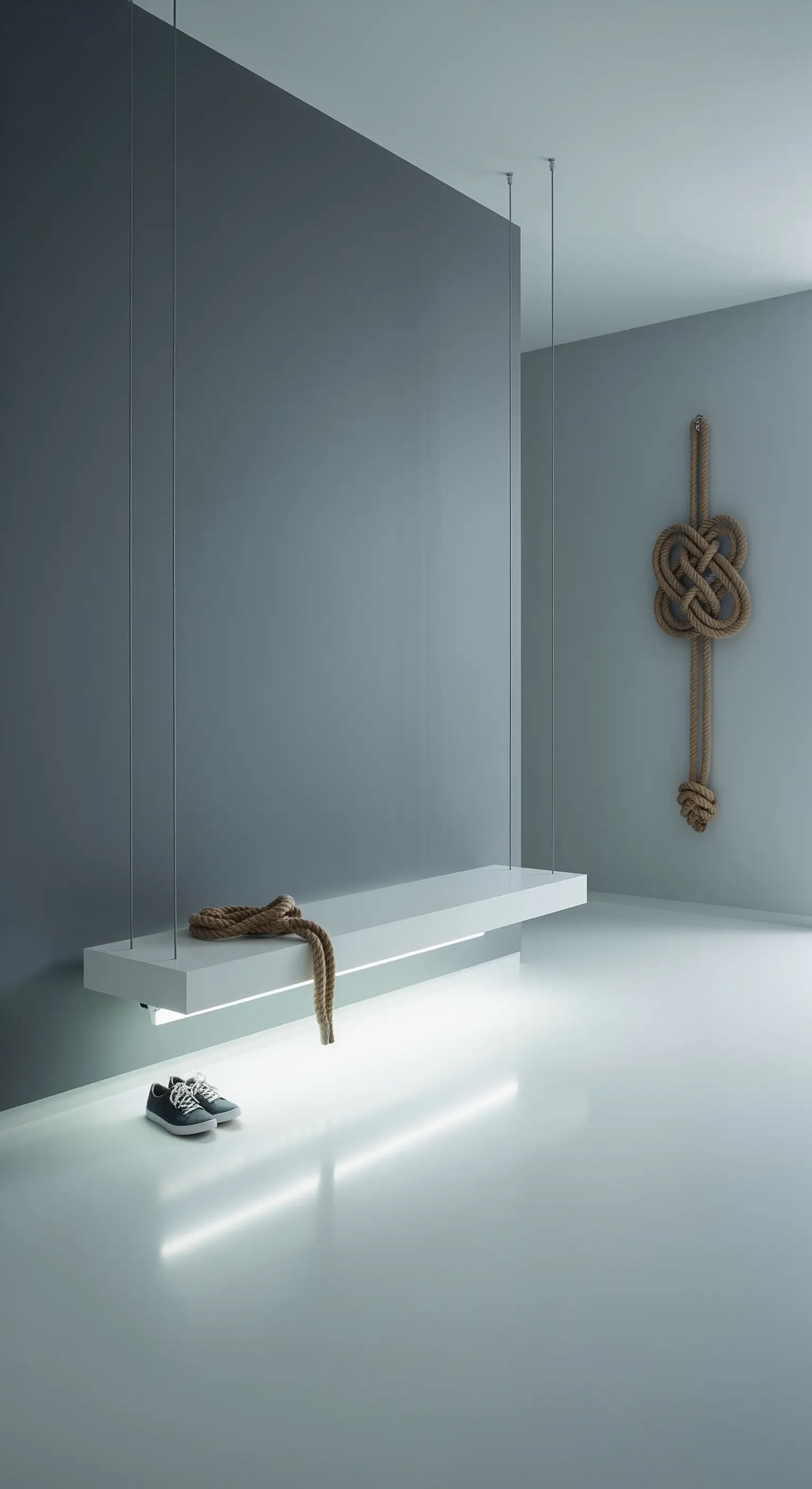 Panca bianca sospesa con cavi d'acciaio e luce LED integrata in un ambiente minimalista.