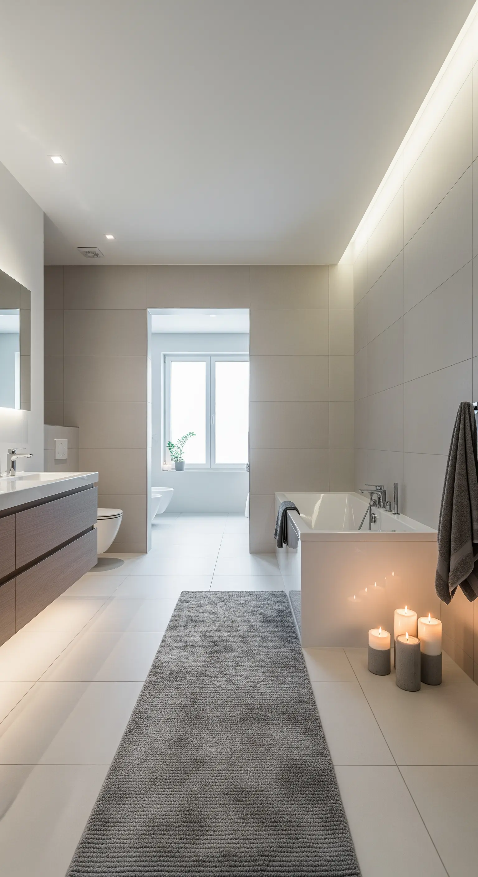 Bagno moderno e minimalista con illuminazione a LED integrata e lungo tappeto grigio.