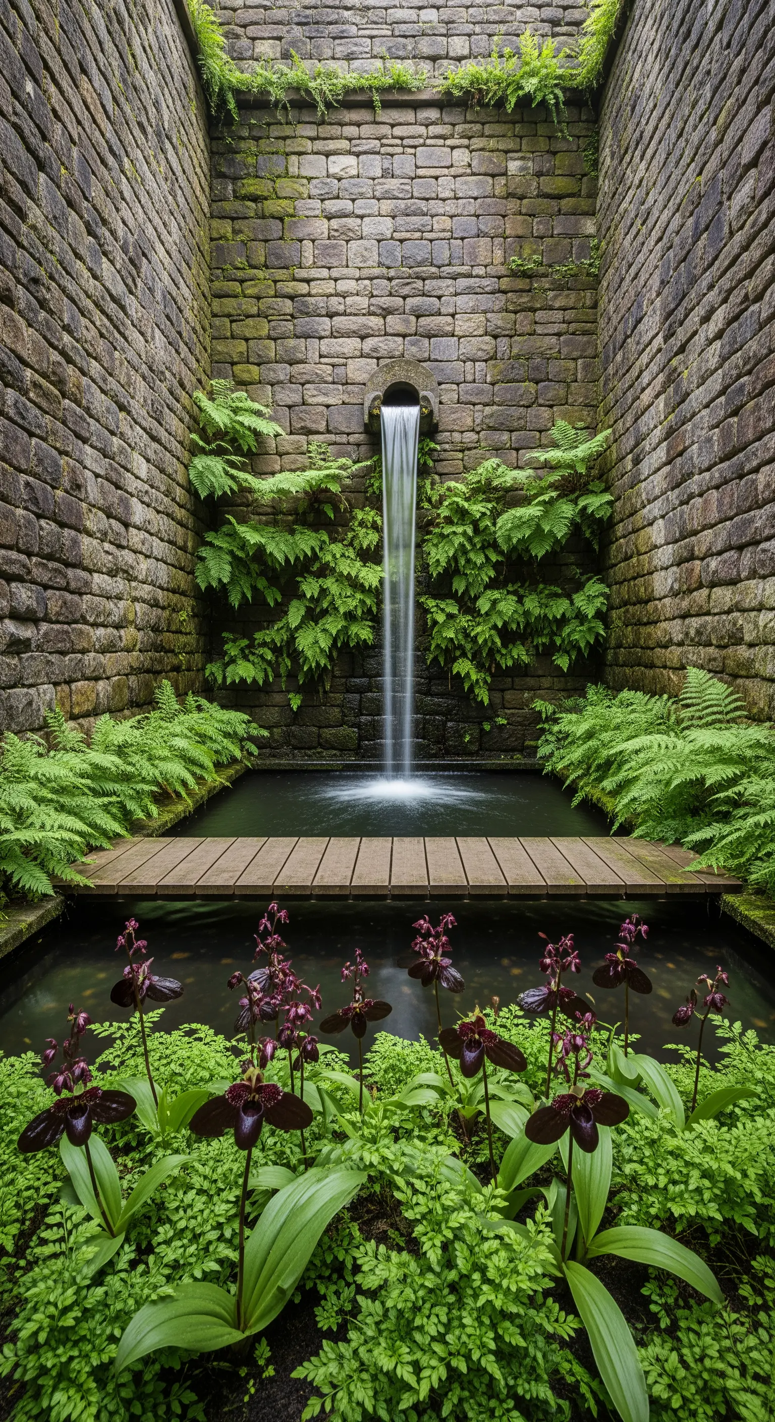 Cortile con pareti in pietra, cascata minimalista e orchidee scure tra le felci.