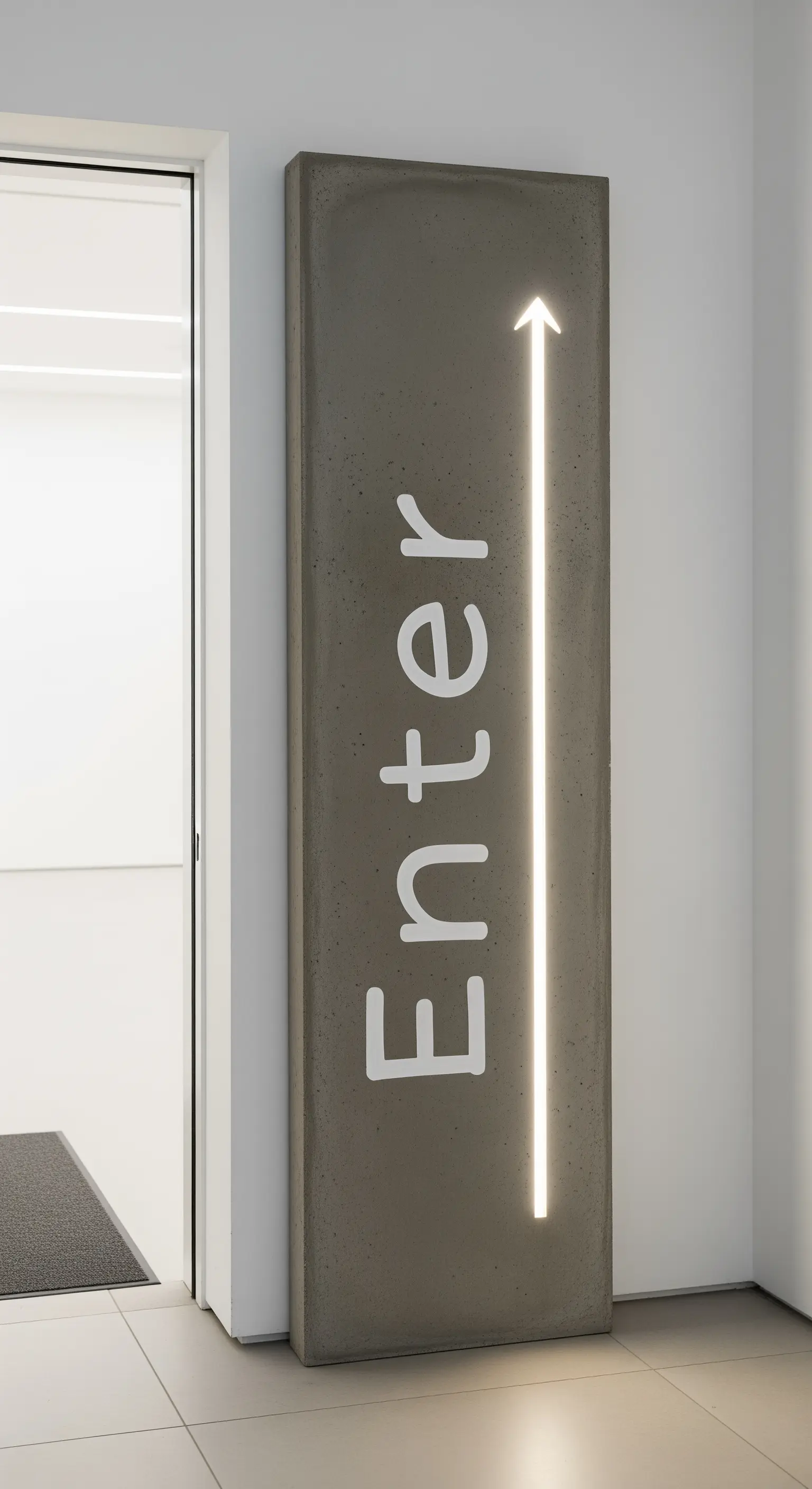 Insegna verticale minimalista in cemento con scritta 