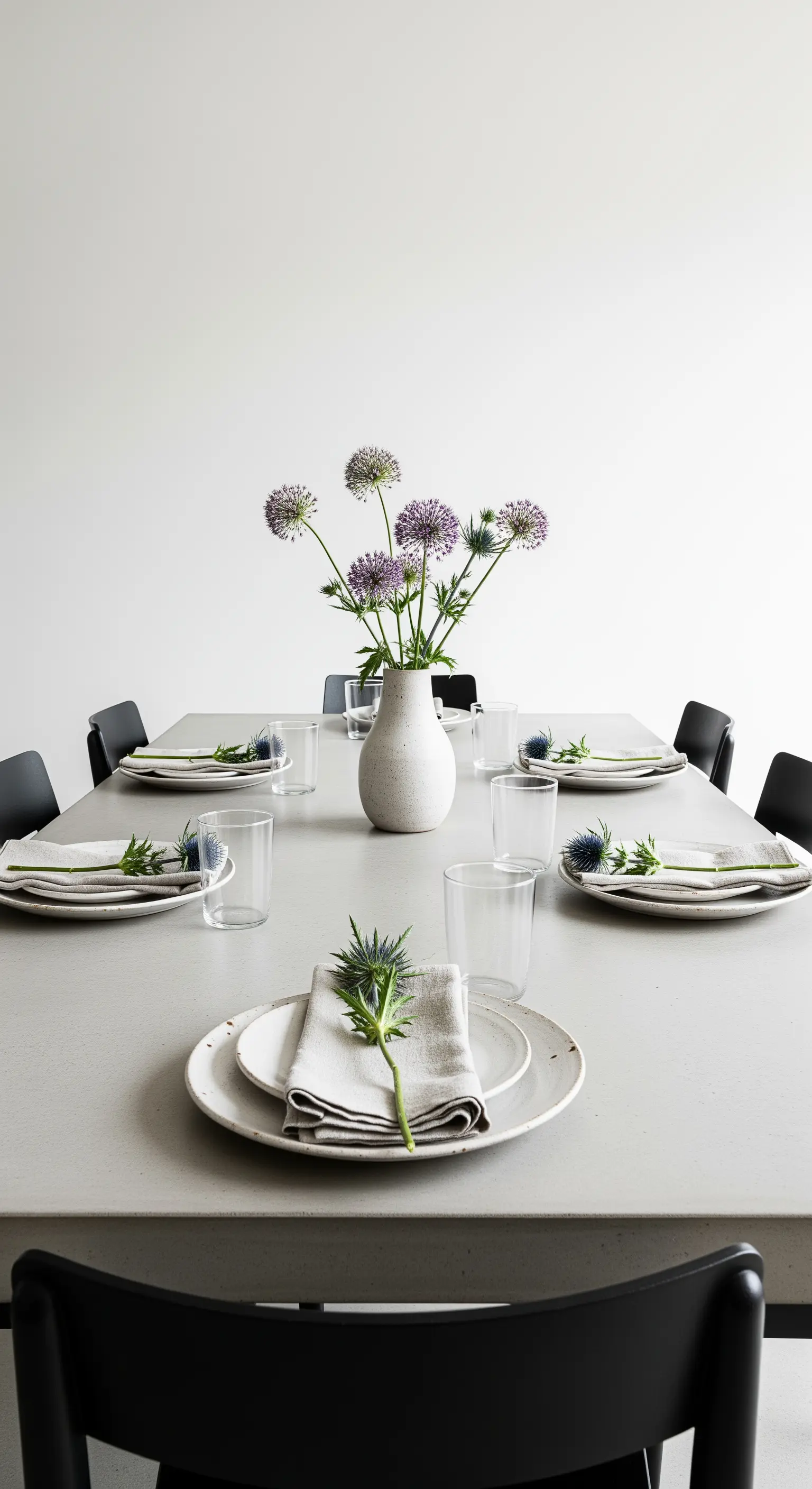 Tavola minimalista in cemento con un vaso di cardi blu e sedie nere di design