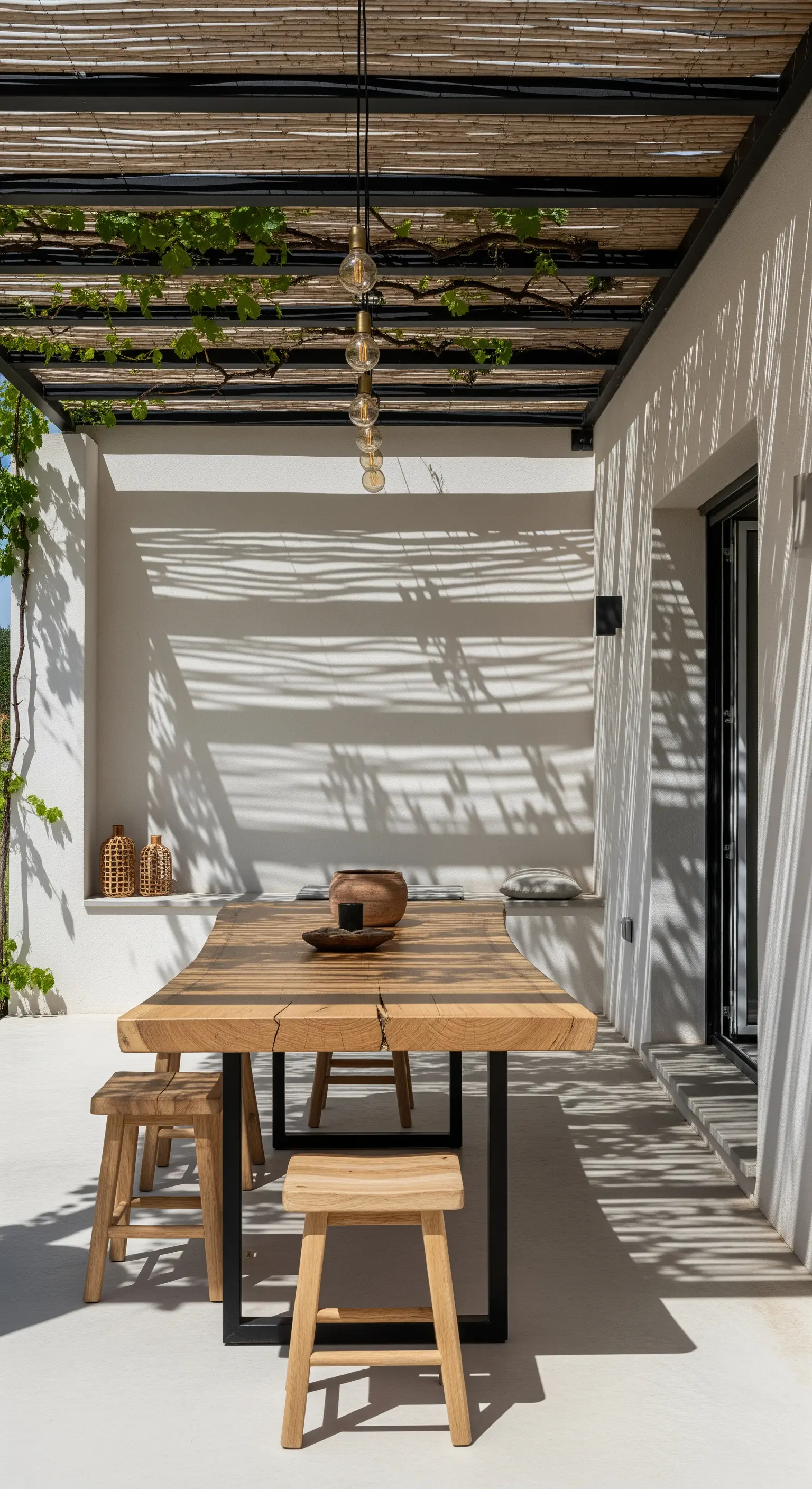 Patio minimalista con tavolo in legno, pergola in bambù e lampadine a filamento