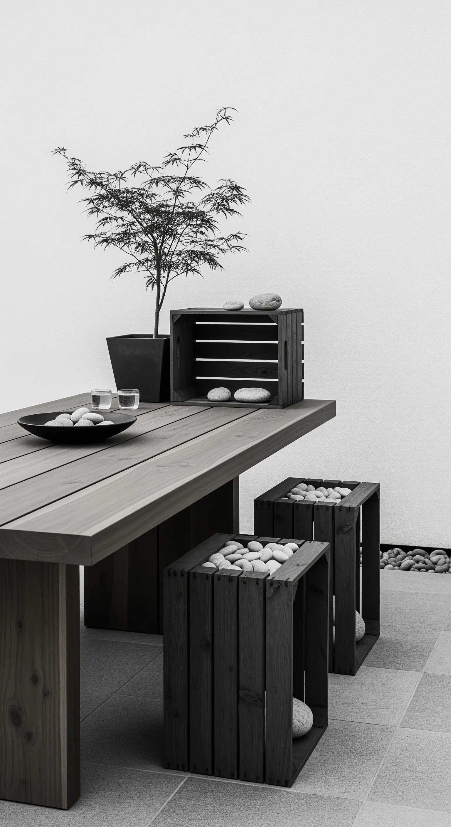 Tavolo e cassette di legno scuro in un ambiente minimalista in bianco e nero