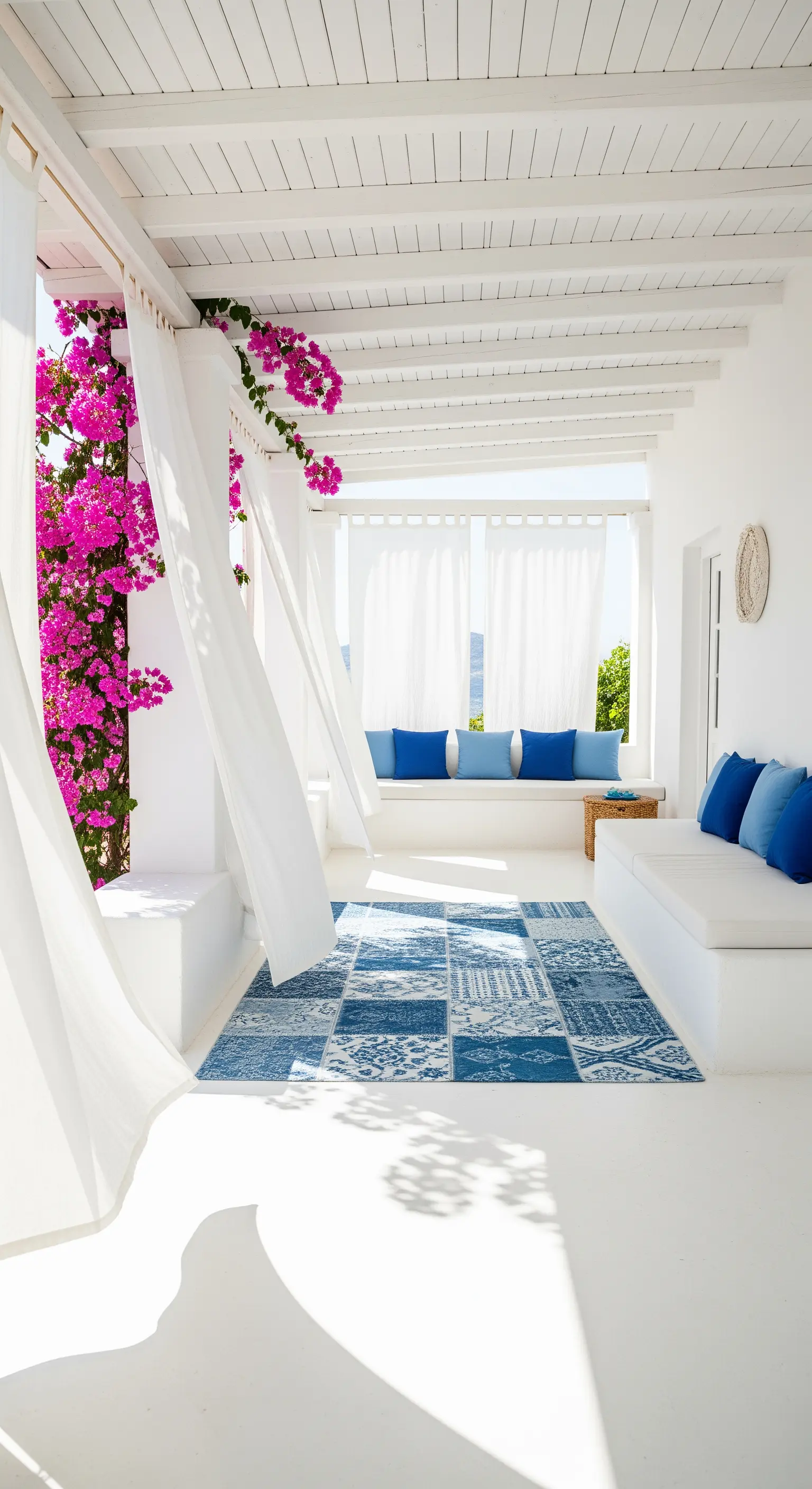 Portico mediterraneo total white con cuscini blu, tende bianche al vento e una bouganville fucsia.