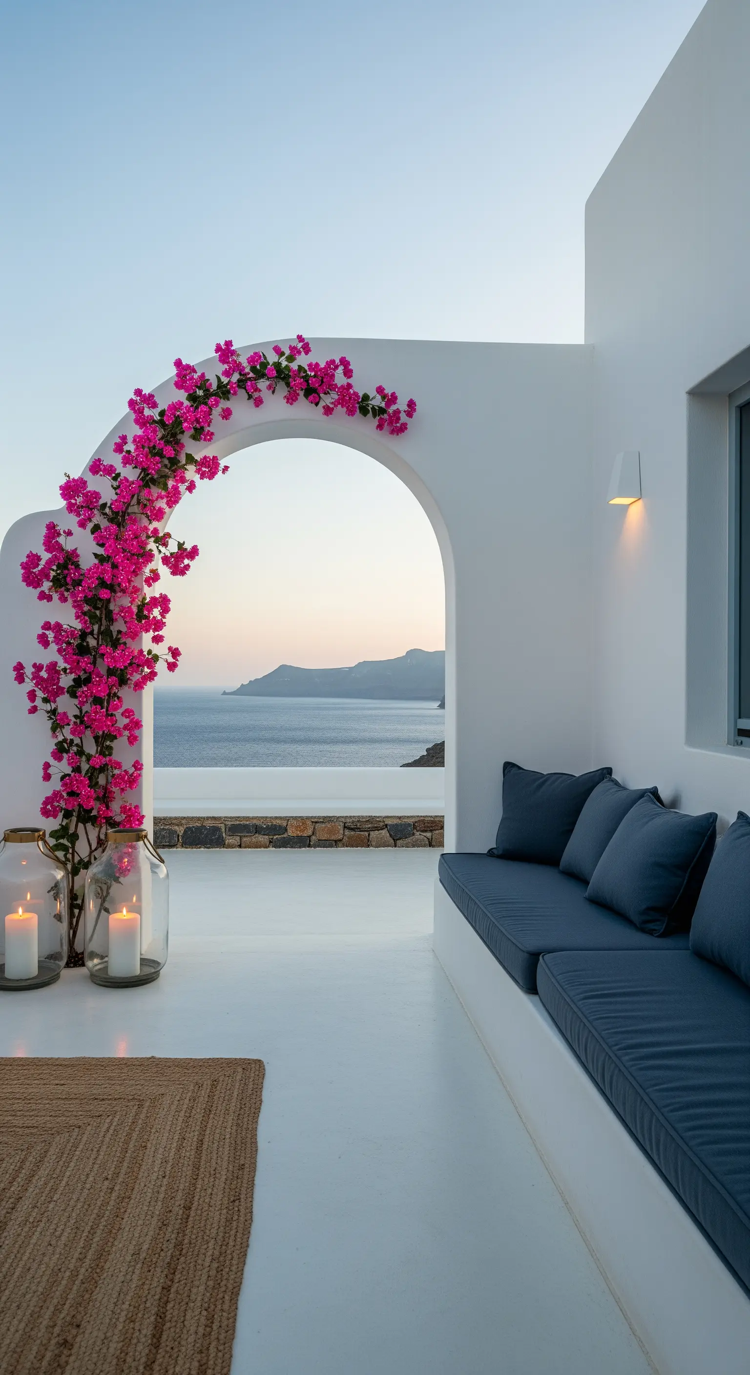 Terrazza bianca minimalista con arco di bouganville fucsia e vista mare.