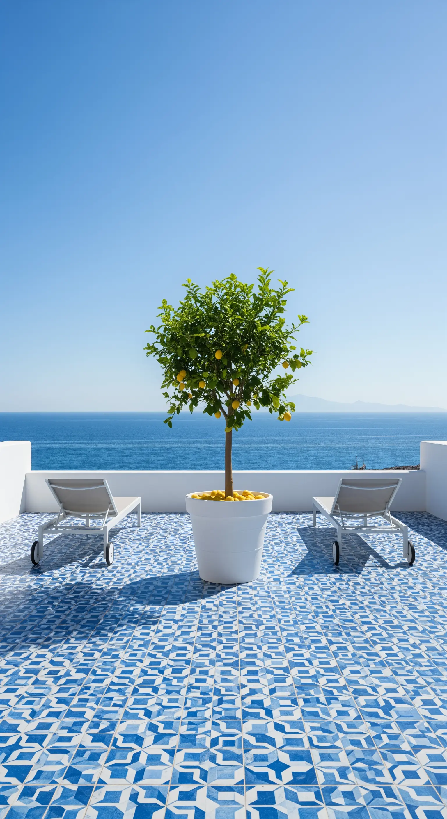 Terrazza minimalista con pavimento geometrico blu, un grande vaso bianco con un limone e due lettini.