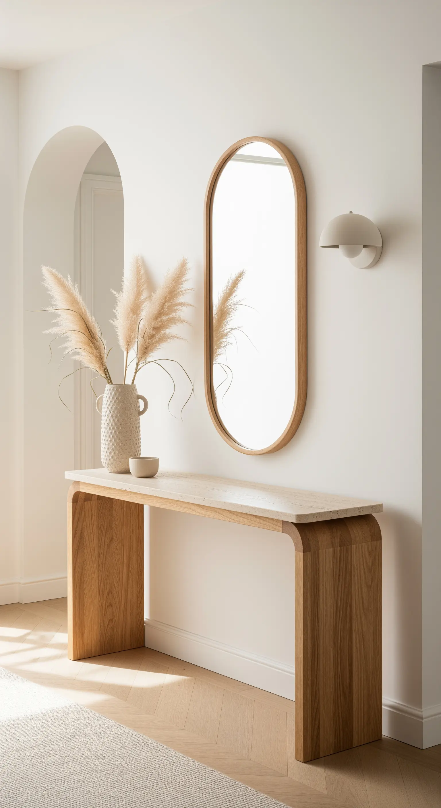 Consolle a cascata in legno e travertino con specchio ovale e vaso con pampas.