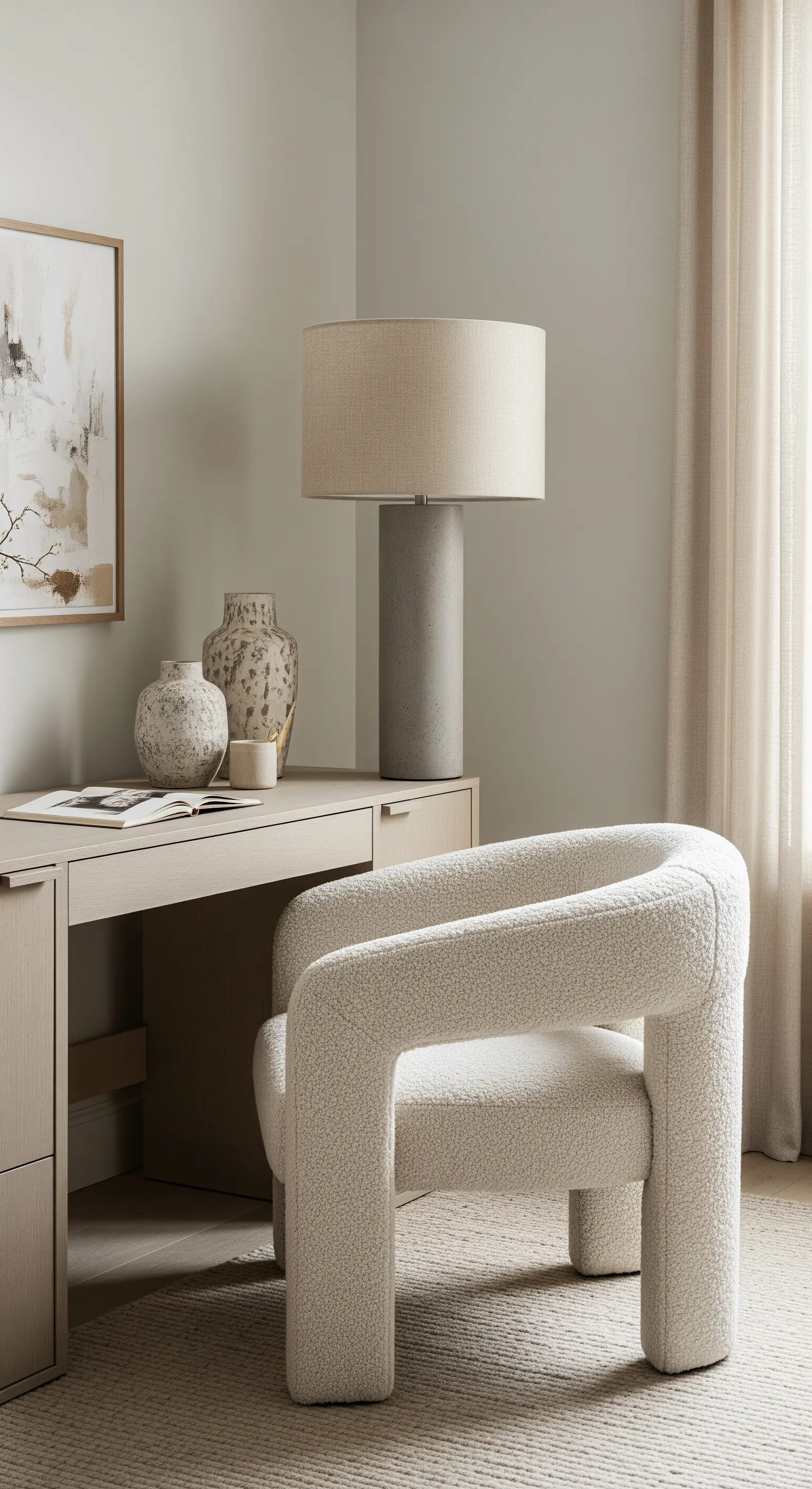 Scrivania in legno chiaro con sedia avvolgente in tessuto bouclé bianco.