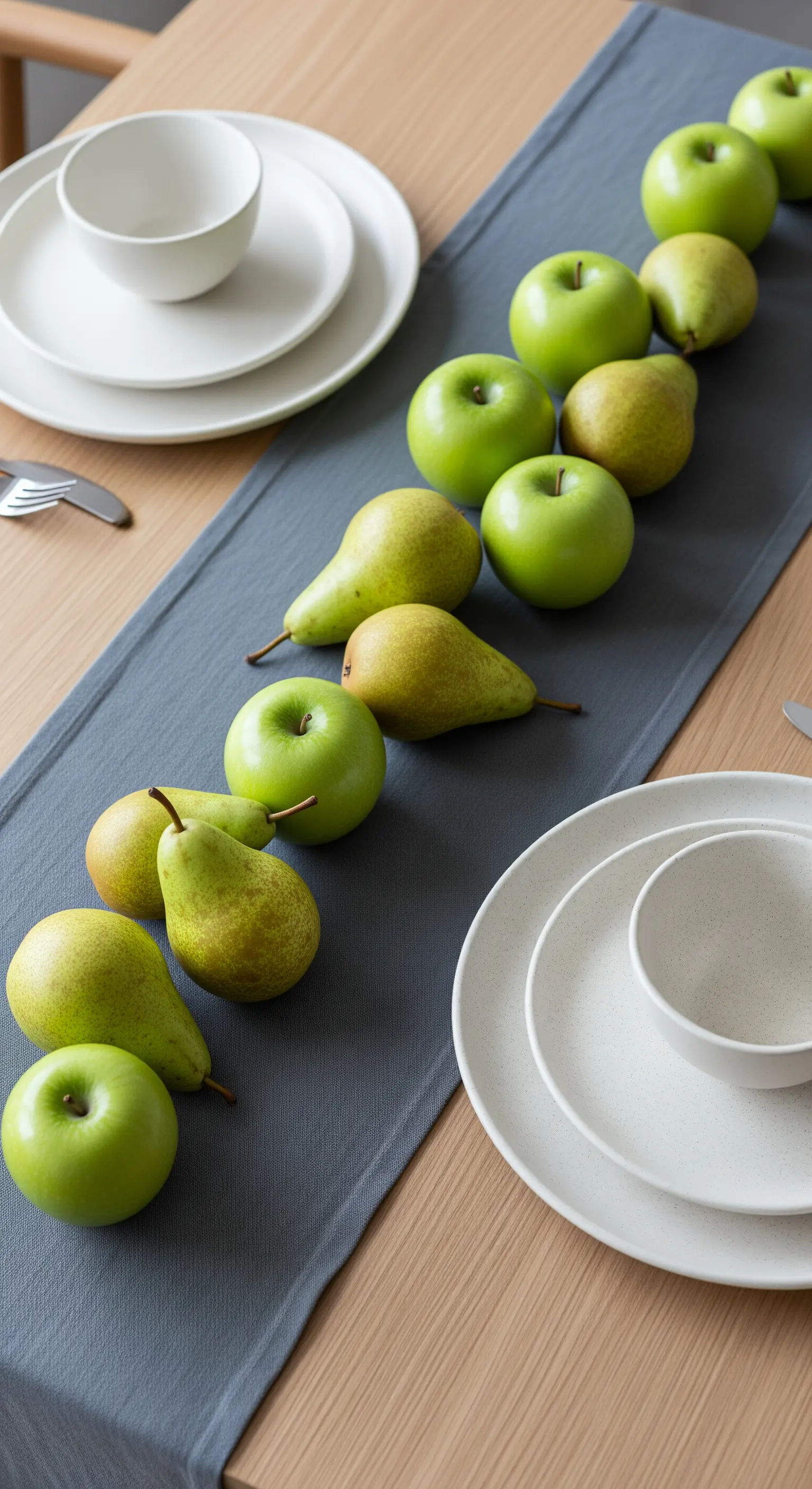 Tavola minimalista con mele verdi e pere allineate su un runner grigio.