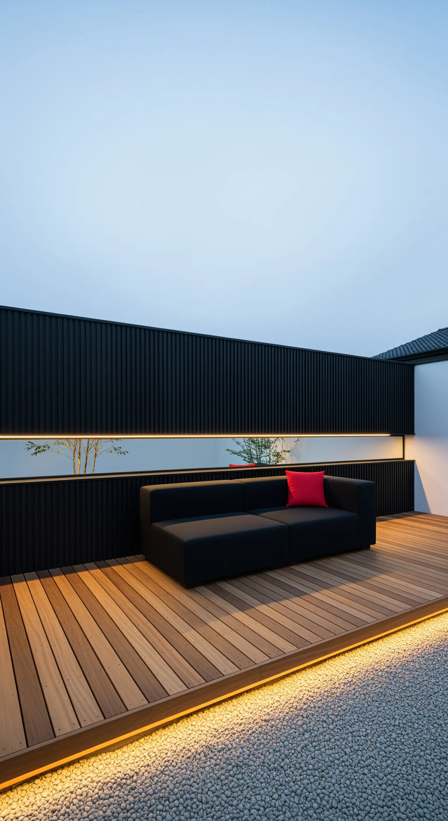 Patio minimalista con decking in legno, divano nero e illuminazione a LED lineare.