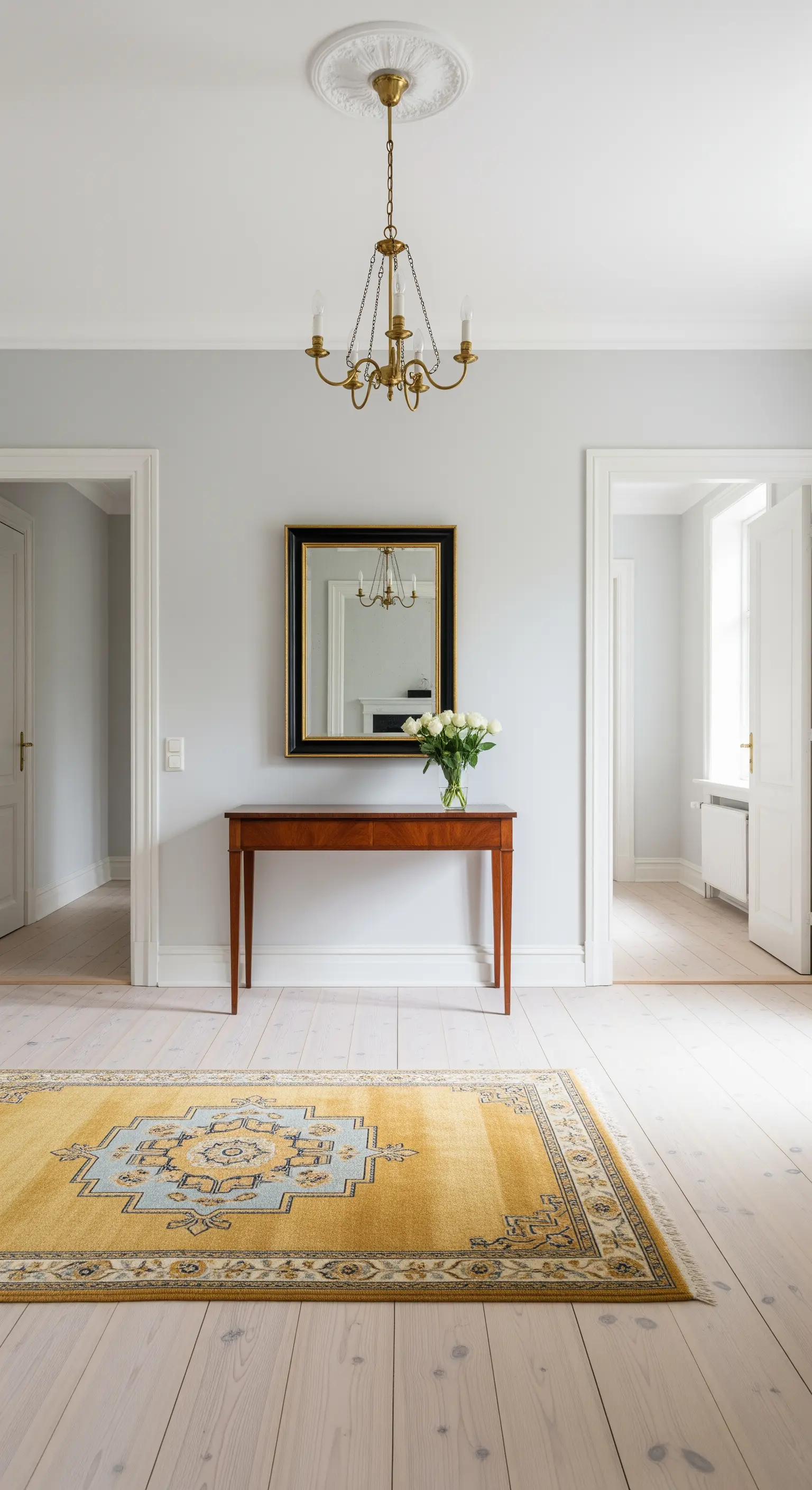 Ingresso scandinavo con pareti grigie, pavimento chiaro e tappeto giallo a motivi geometrici.