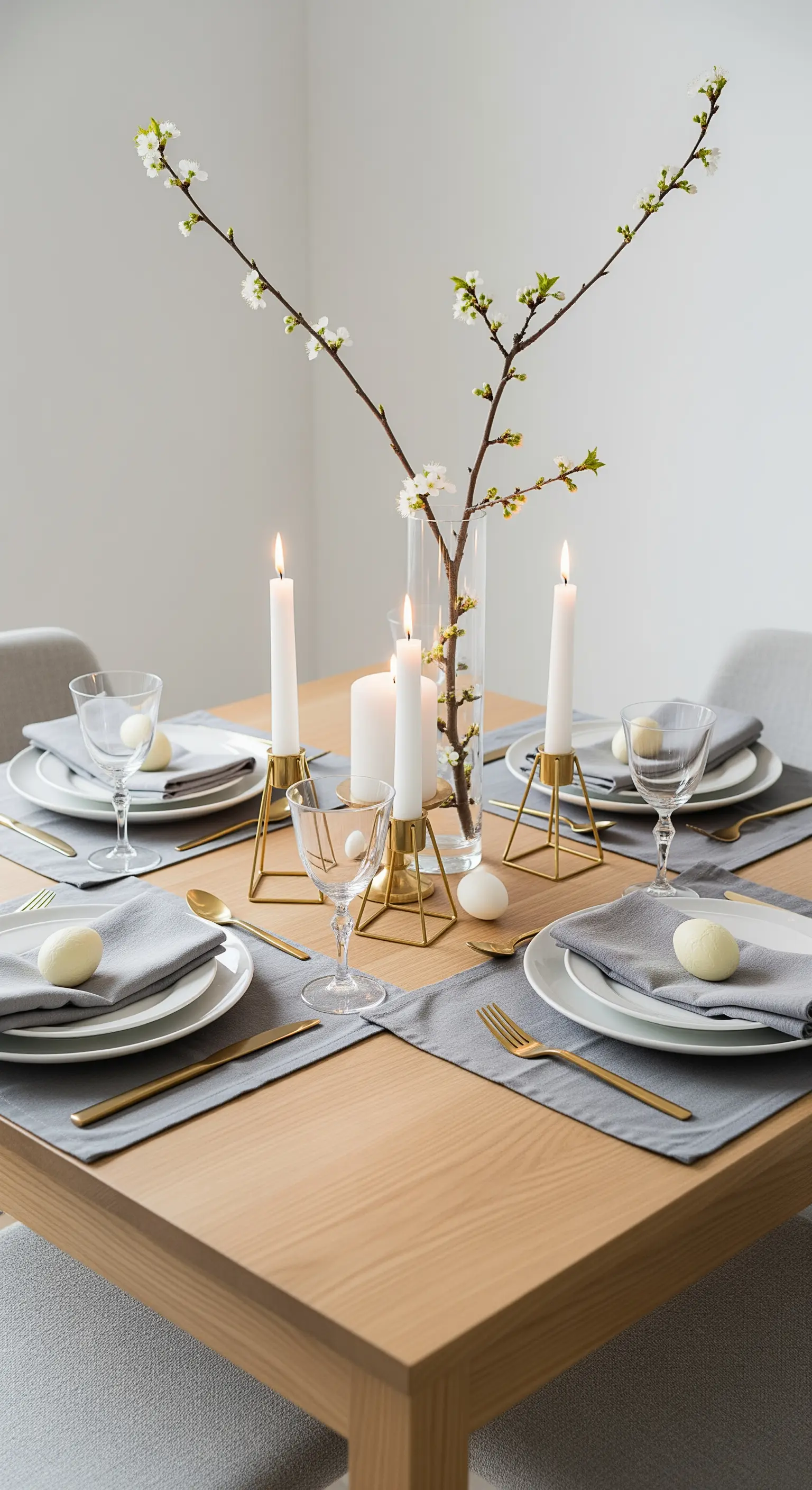Tavola pasquale minimalista con tovagliette grigie, candelabri dorati e un ramo in fiore.