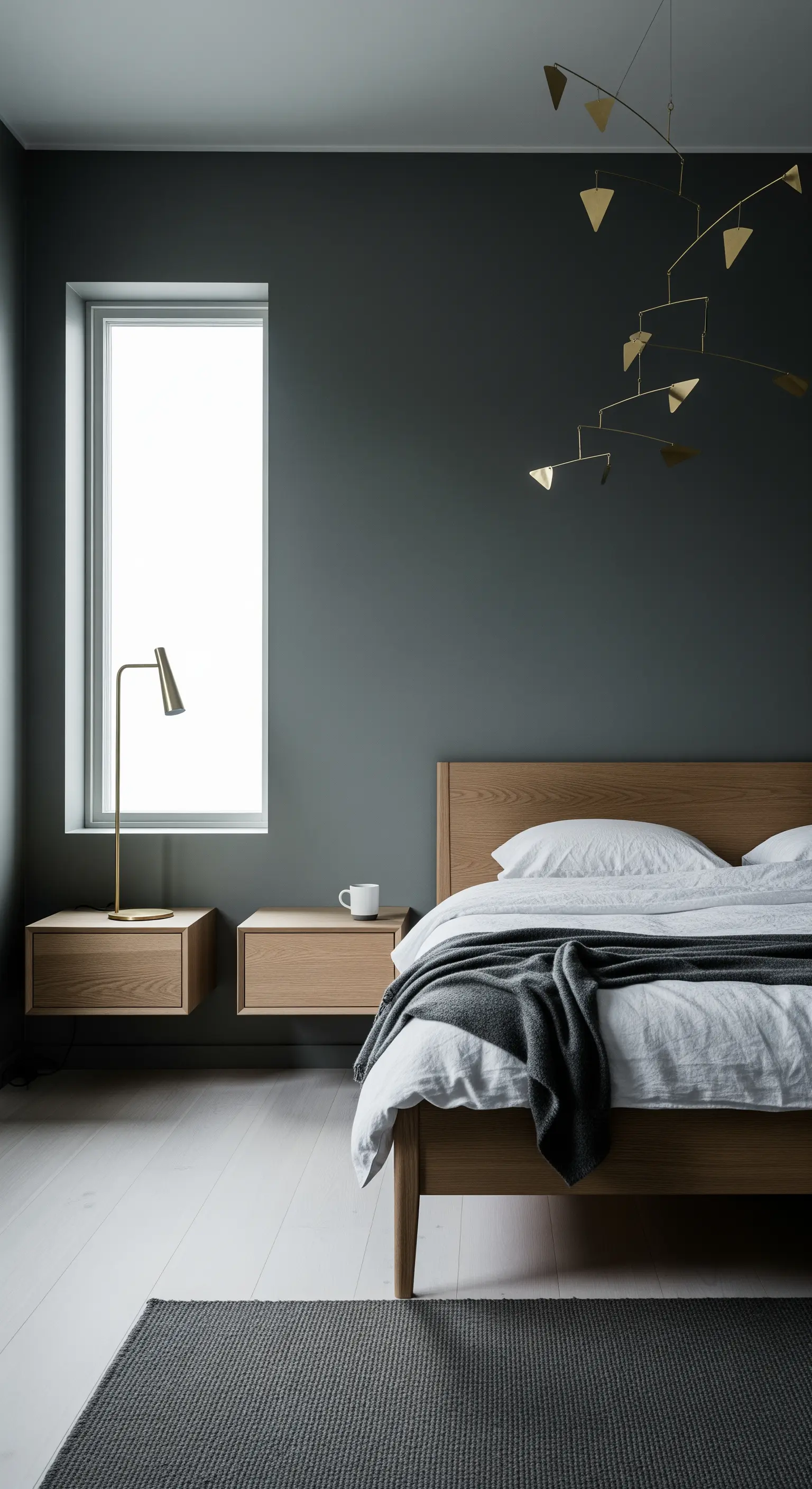 Camera da letto scandinava con parete grigio scuro, letto in legno chiaro e lampada dorata.