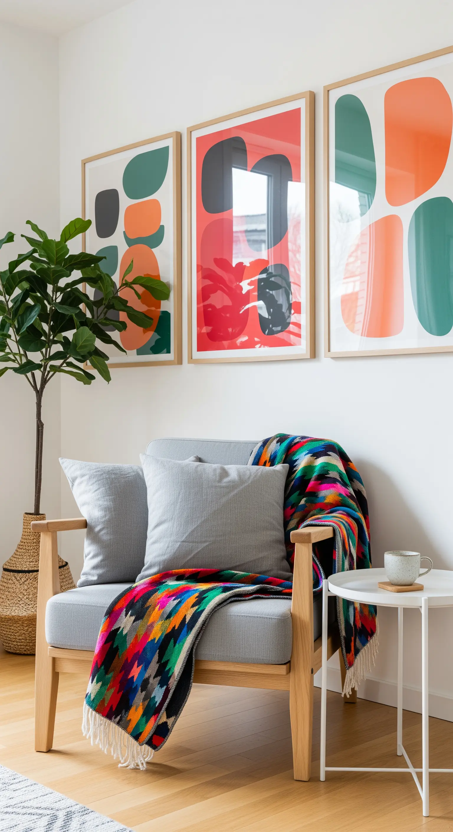 Poltrona scandinava in legno chiaro con una coperta kilim colorata e quadri astratti alla parete.