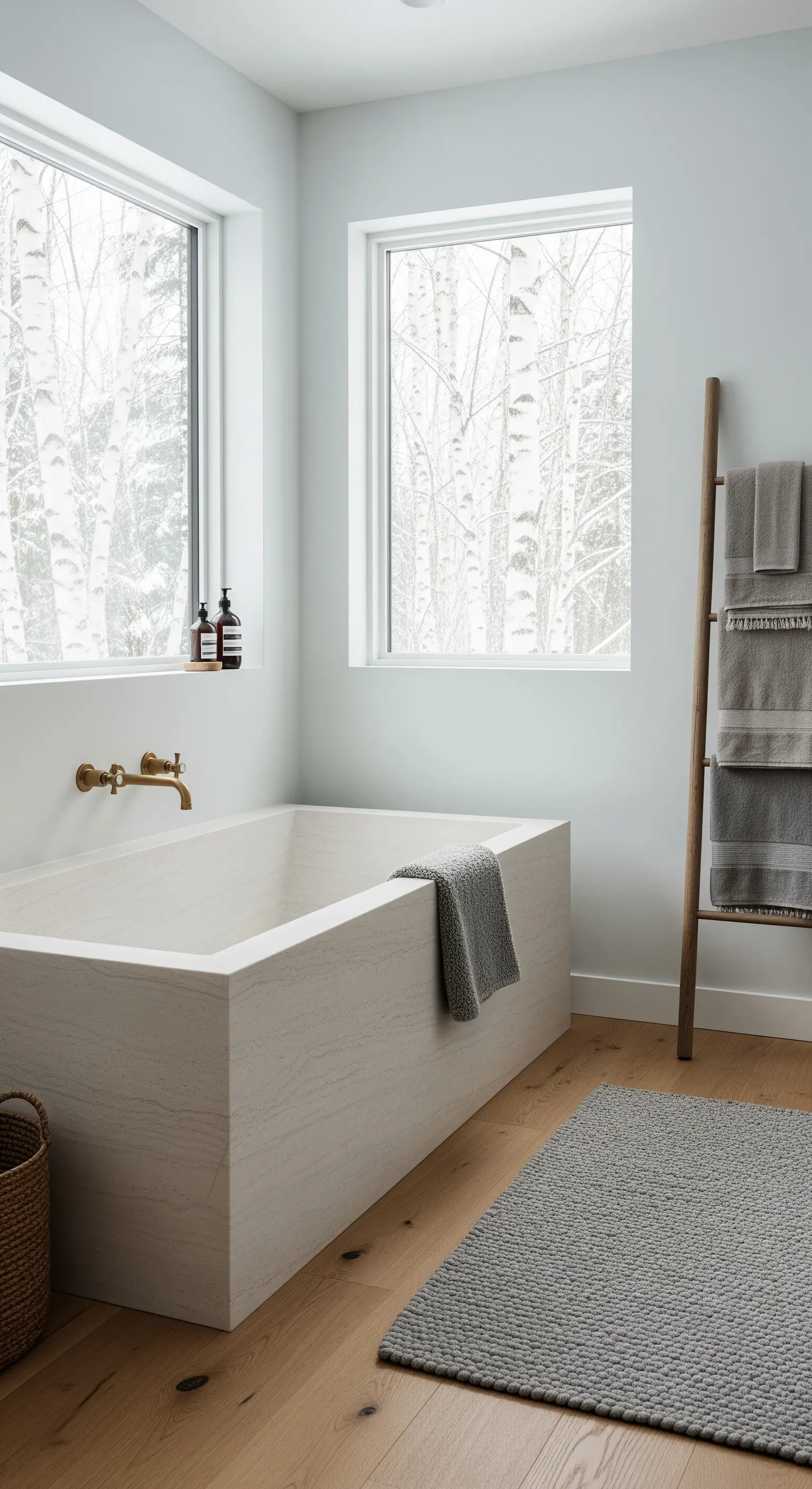 Vasca rettangolare in pietra chiara in un bagno minimalista con pavimento in legno e vista sulla neve.