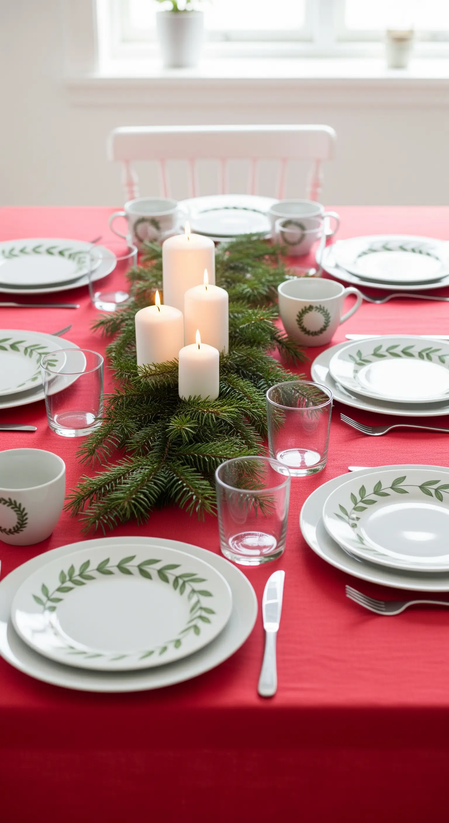 Tavola di Natale minimalista con tovaglia rossa, candele bianche e piatti con ghirlanda verde.