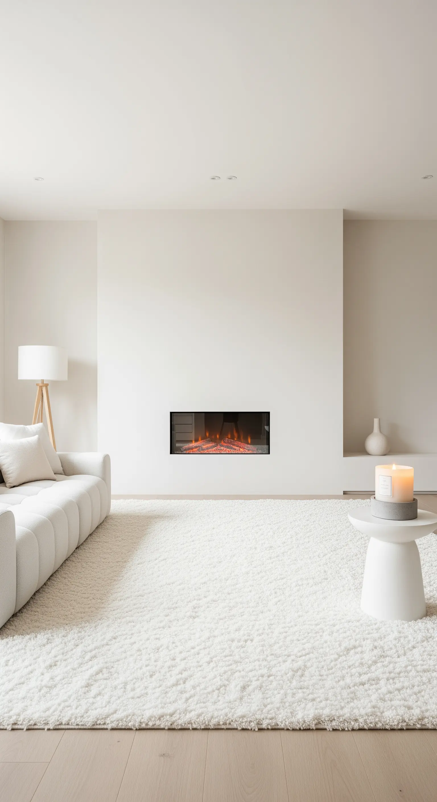 Soggiorno minimalista total white con camino e un grande tappeto a pelo lungo.