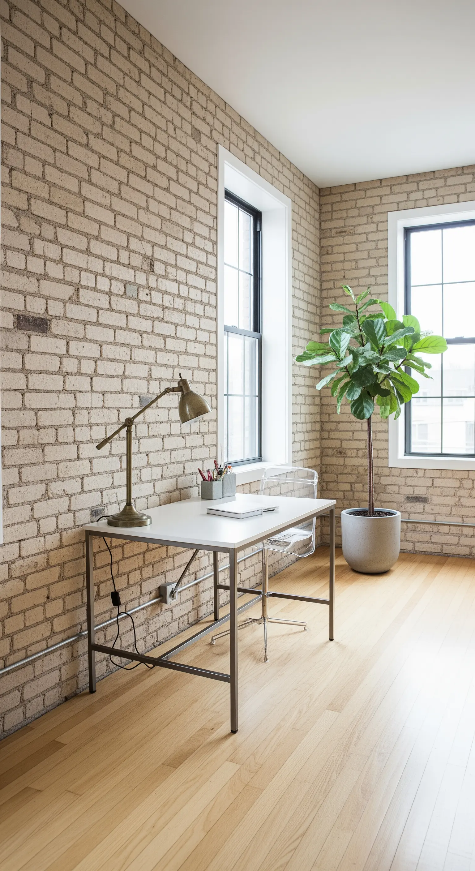Ufficio luminoso con parete di mattoni chiari, scrivania bianca e una grande pianta.