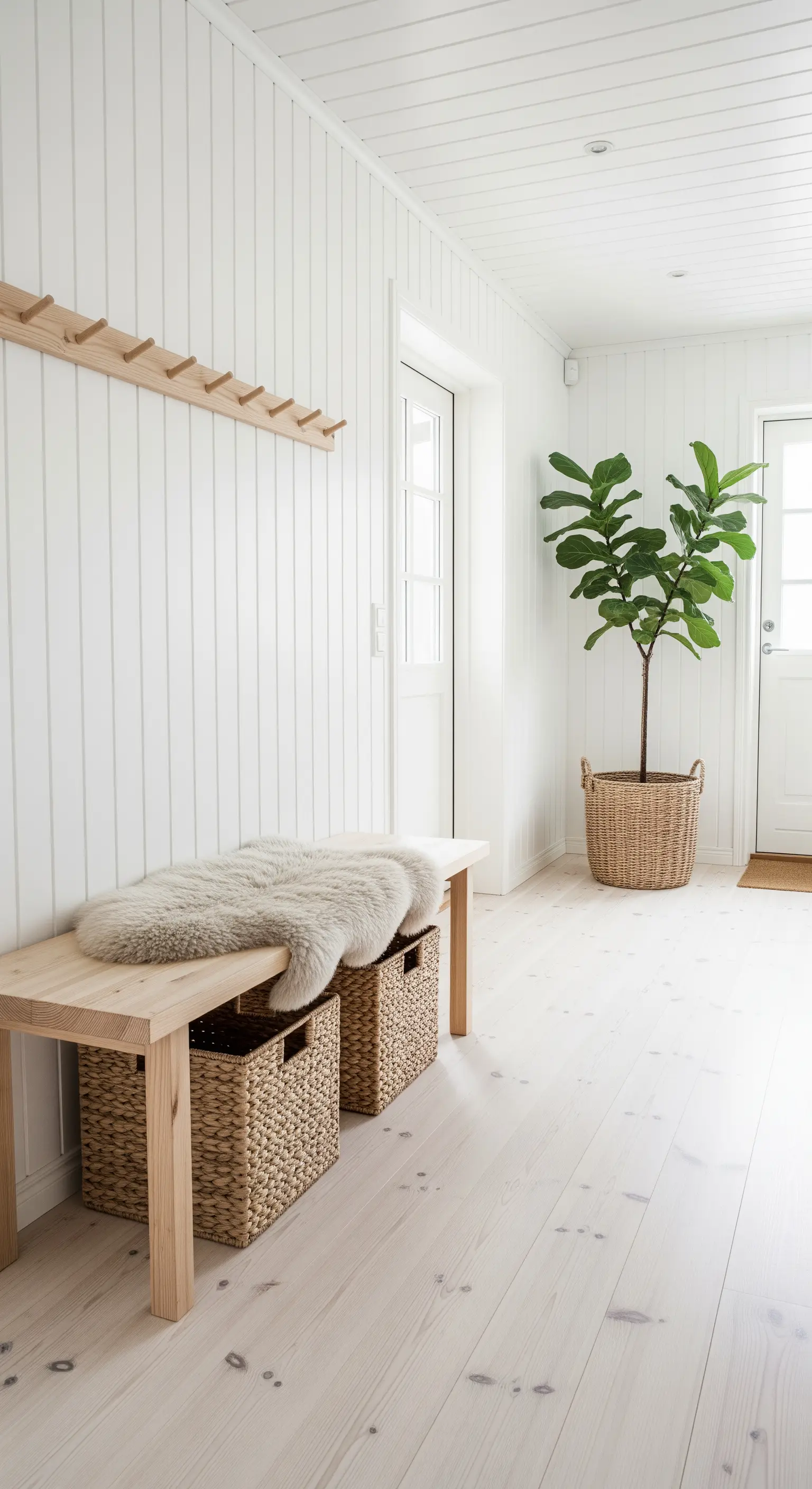 Ingresso scandinavo con panca in legno chiaro, pianta in un cesto e pareti bianche.