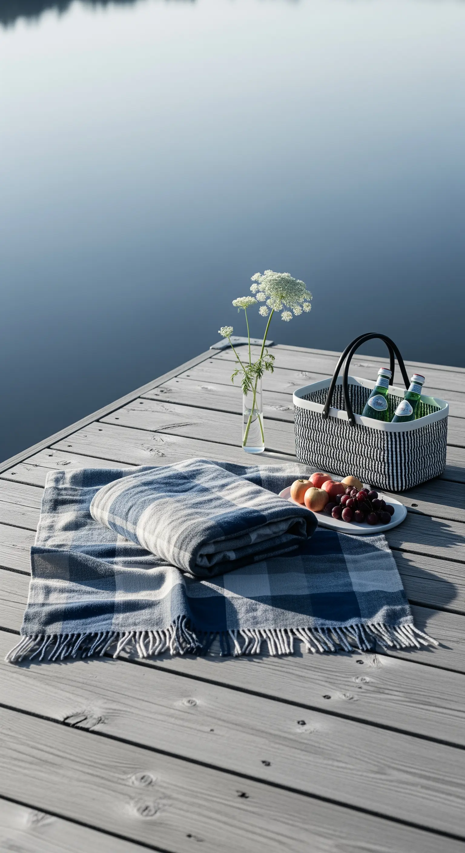 Picnic minimalista su un pontile con coperta a quadri blu e grigia e cesto di design