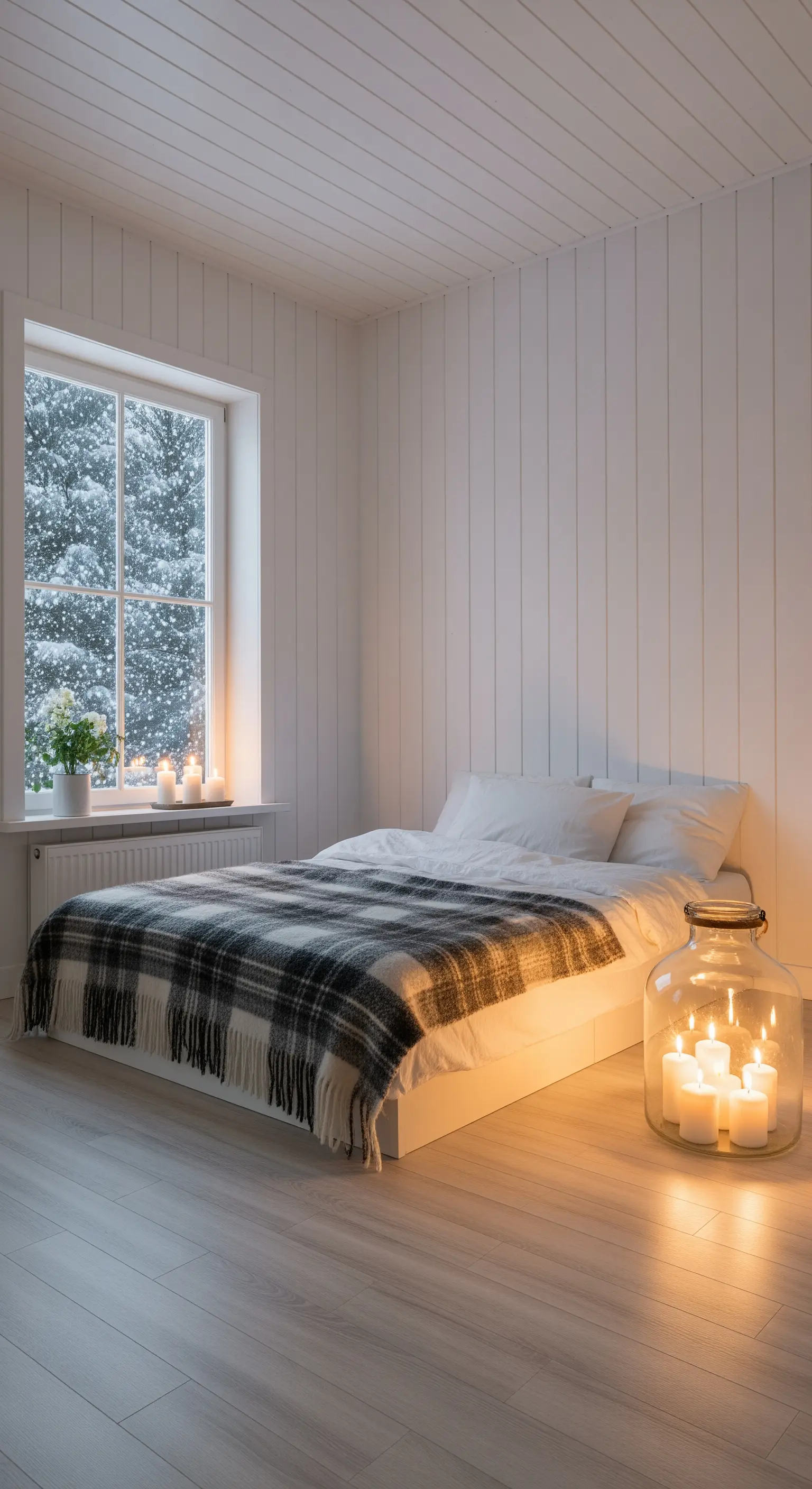Camera da letto minimalista bianca con plaid scozzese grigio e un grande vaso di vetro con candele.