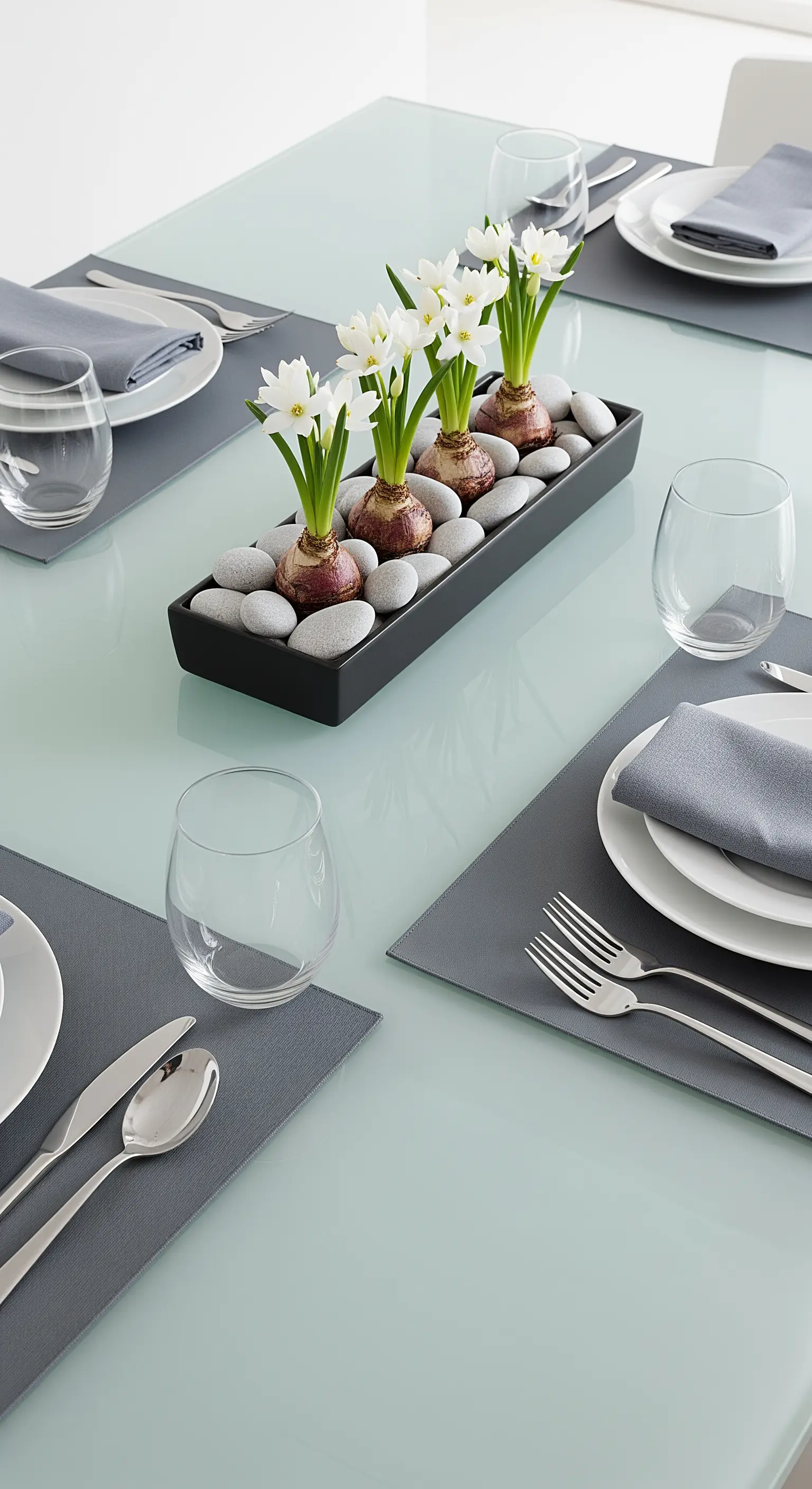 Centrotavola moderno con narcisi paperwhite in un vaso nero rettangolare su un letto di sassi.