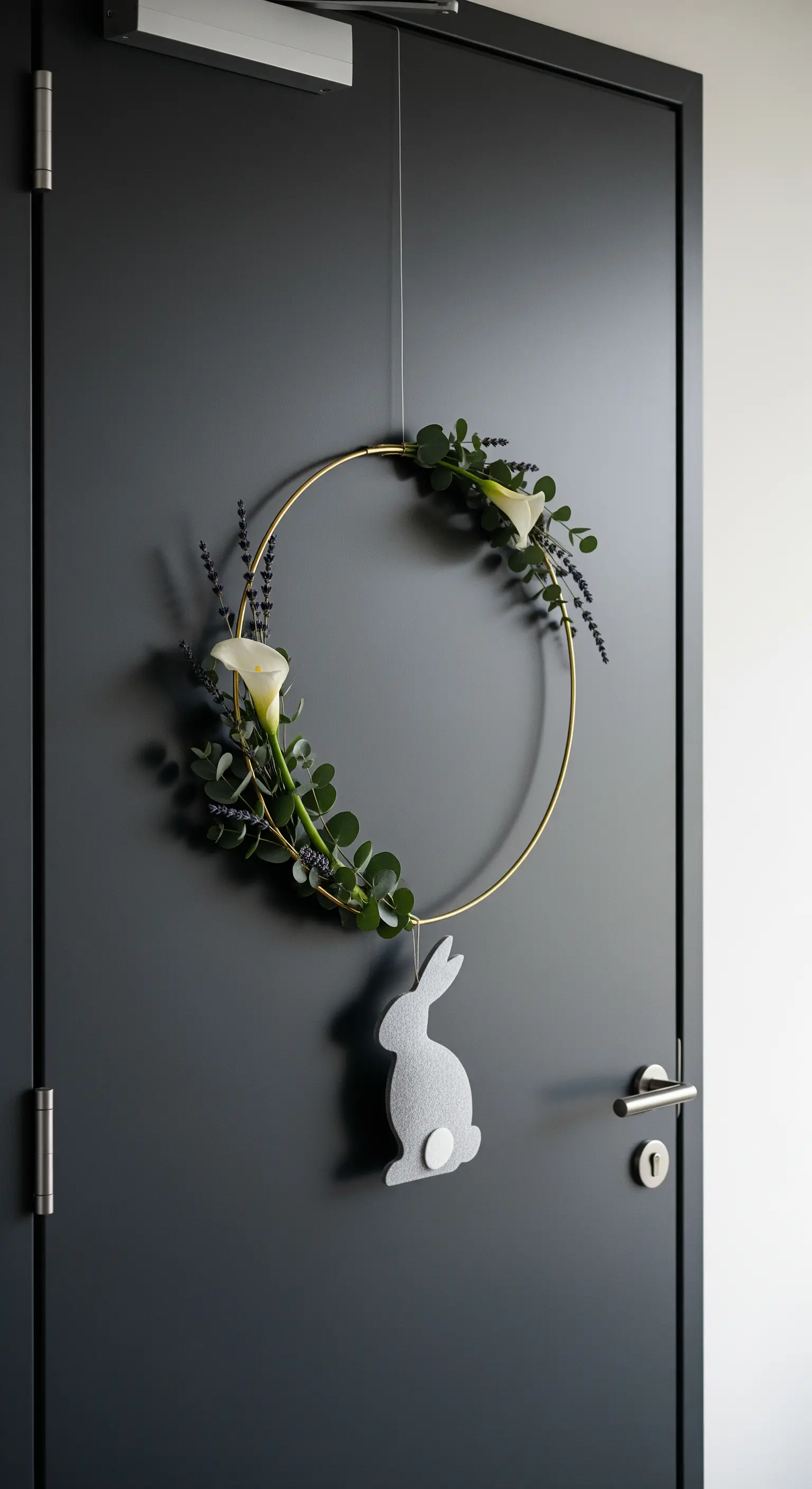 Ghirlanda minimalista con cerchio dorato, eucalipto e coniglietto in feltro grigio.