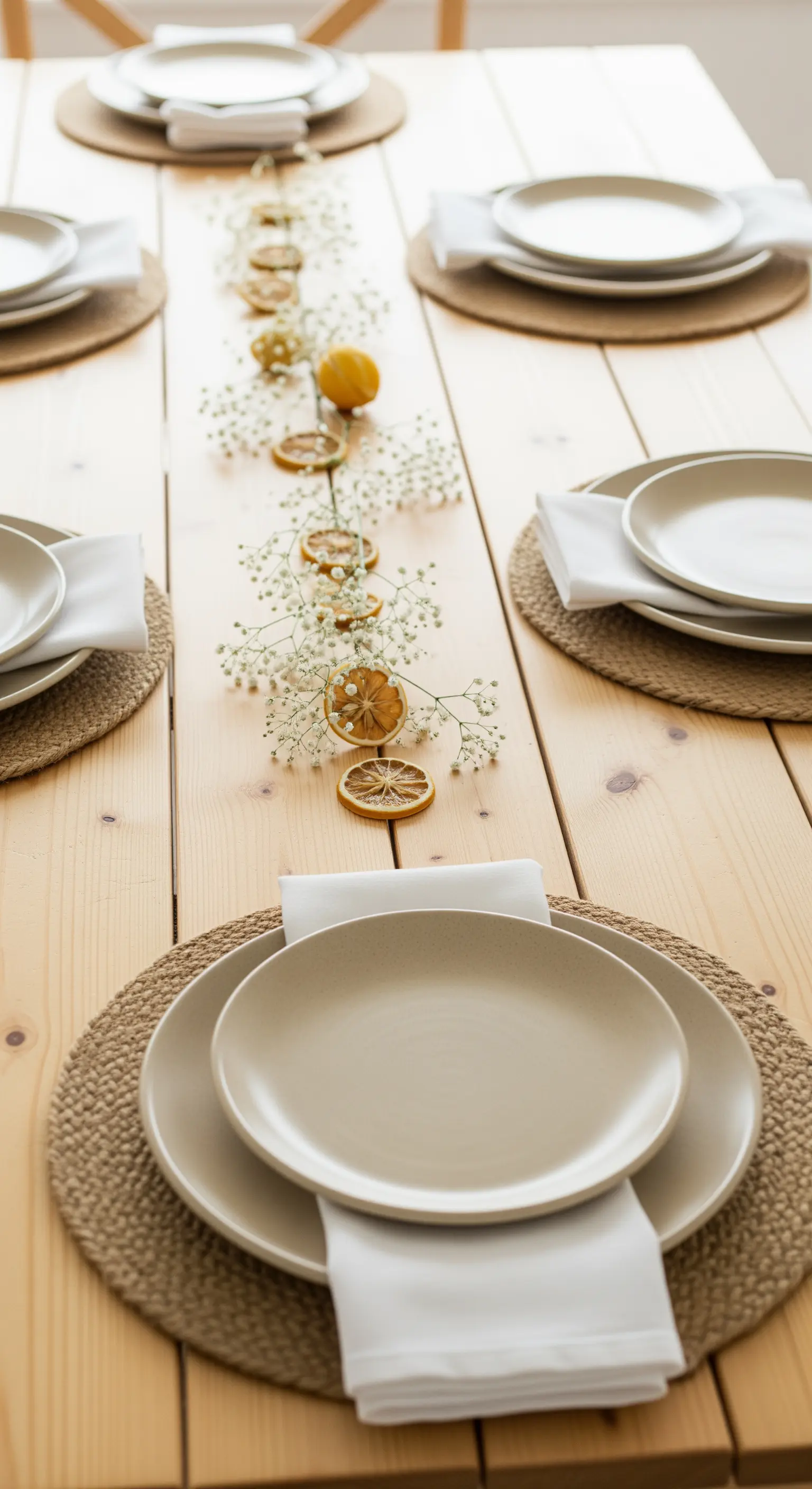 Tavola in legno chiaro con un delicato runner di gypsophila e limoni essiccati